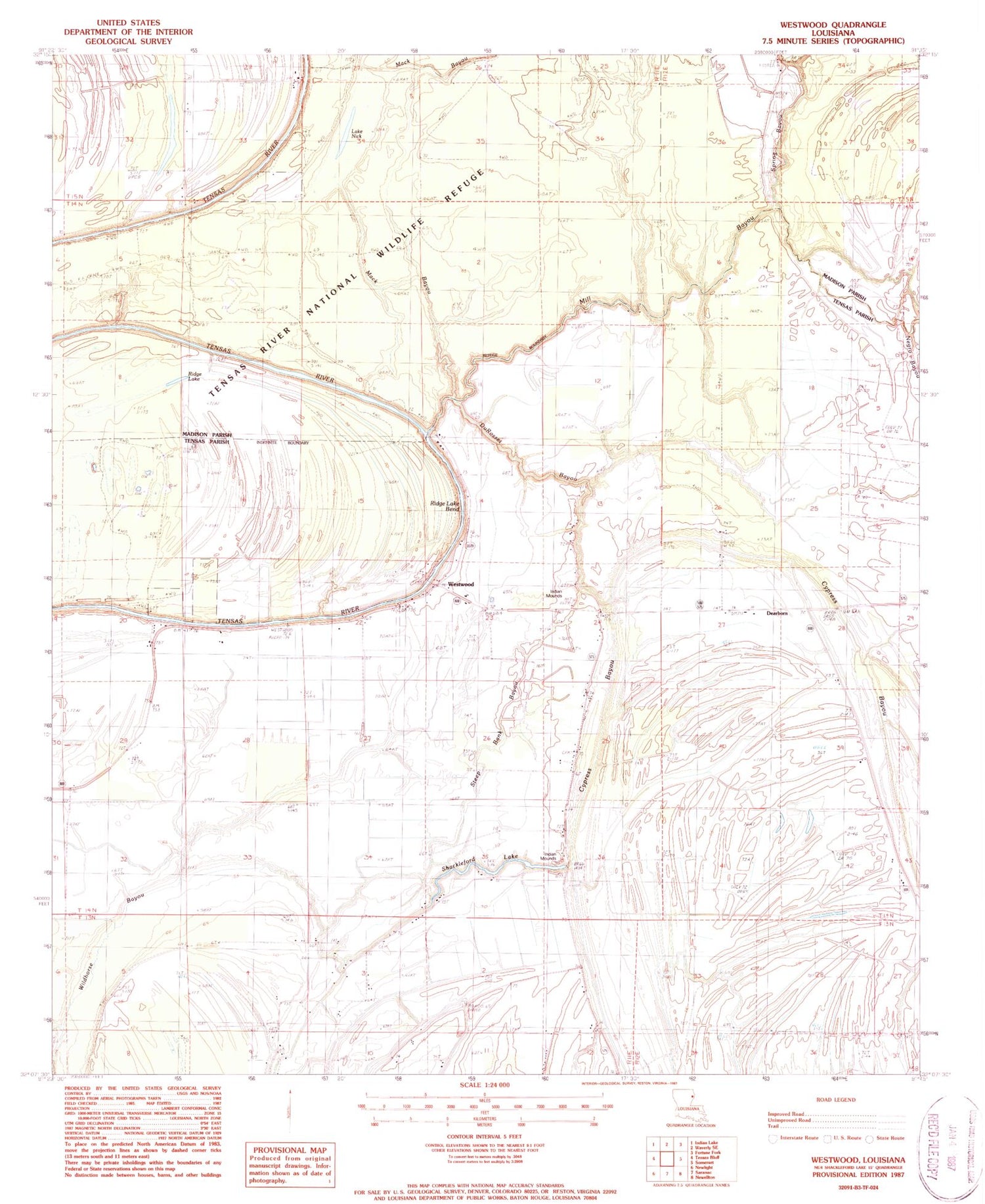Classic USGS Westwood Louisiana 7.5'x7.5' Topo Map Image