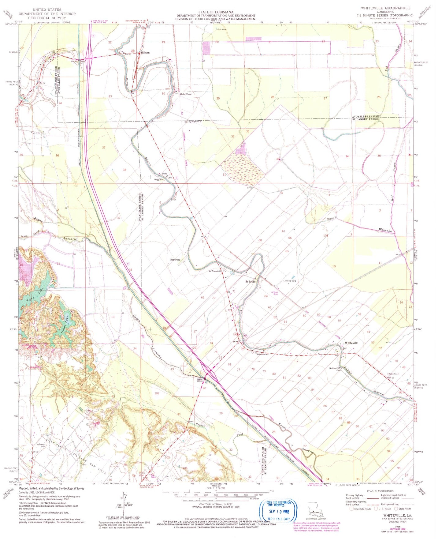 Classic USGS Whiteville Louisiana 7.5'x7.5' Topo Map Image