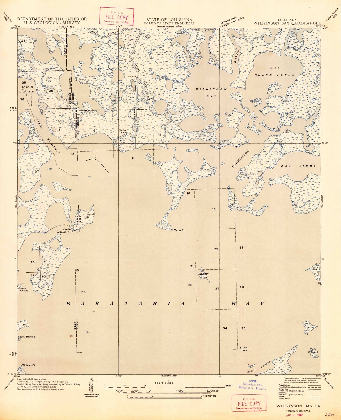 Classic USGS Wilkinson Bay Louisiana 7.5'x7.5' Topo Map Image