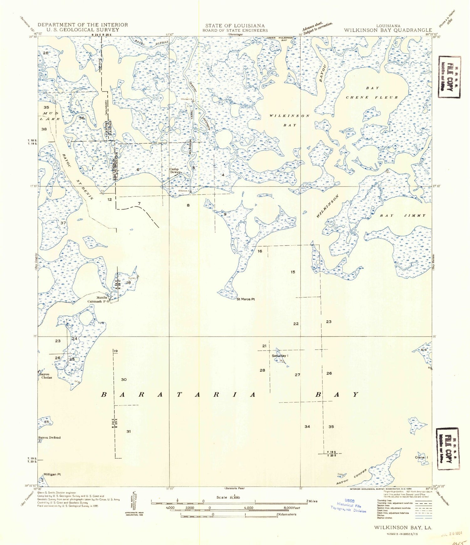 Classic USGS Wilkinson Bay Louisiana 7.5'x7.5' Topo Map Image