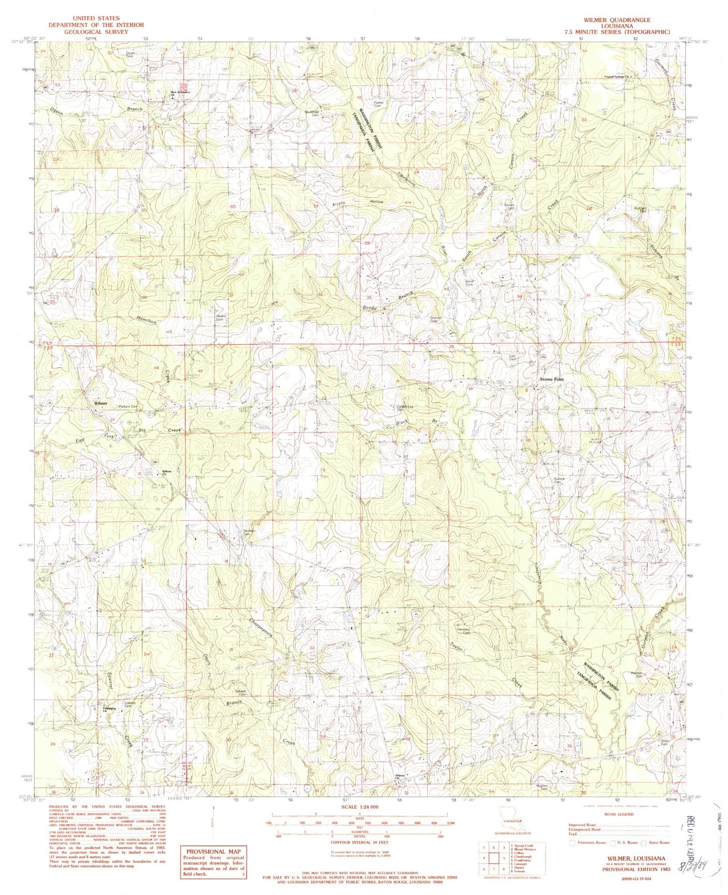 Classic USGS Wilmer Louisiana 7.5'x7.5' Topo Map Image