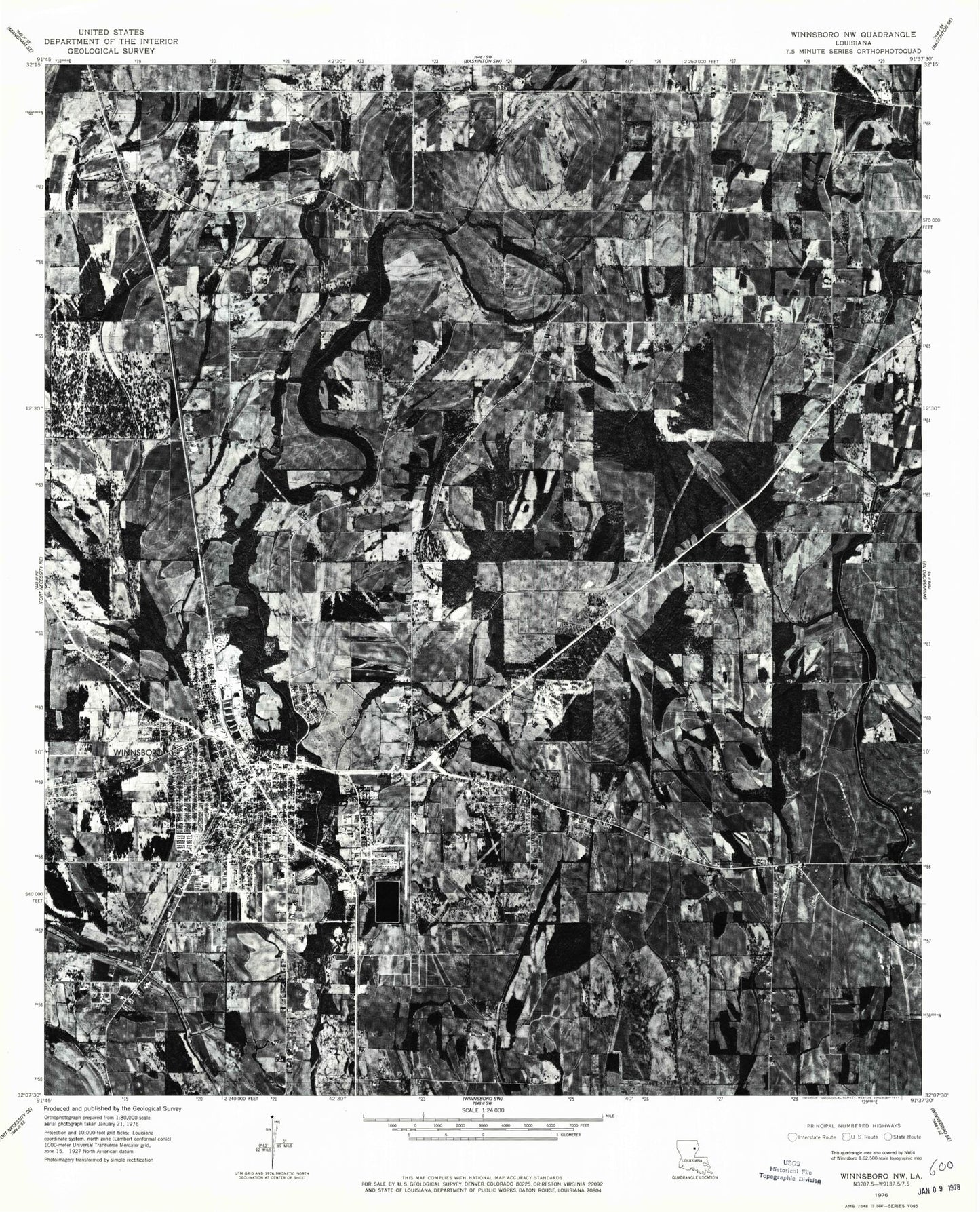 Classic USGS Winnsboro Louisiana 7.5'x7.5' Topo Map Image