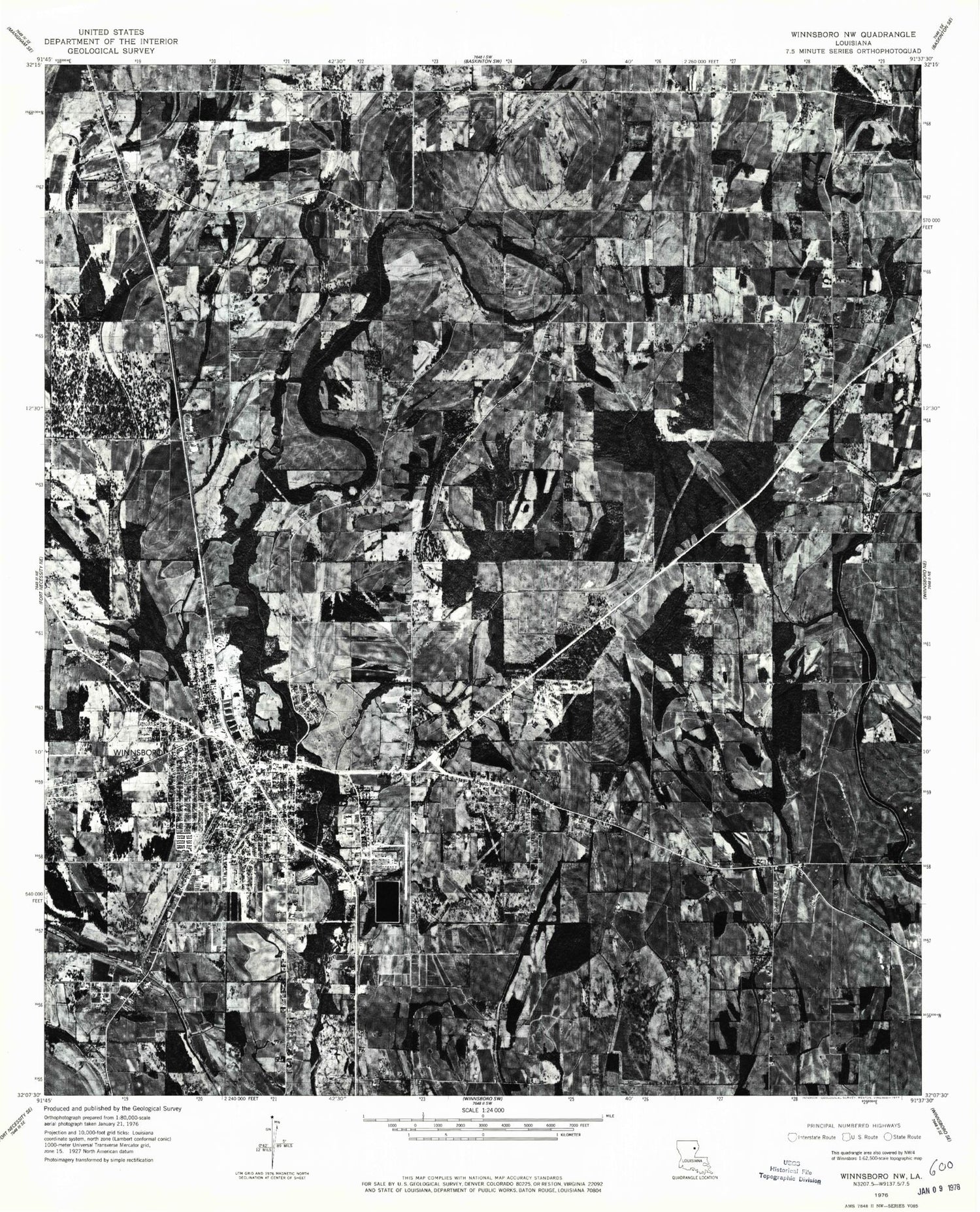 Classic USGS Winnsboro Louisiana 7.5'x7.5' Topo Map Image