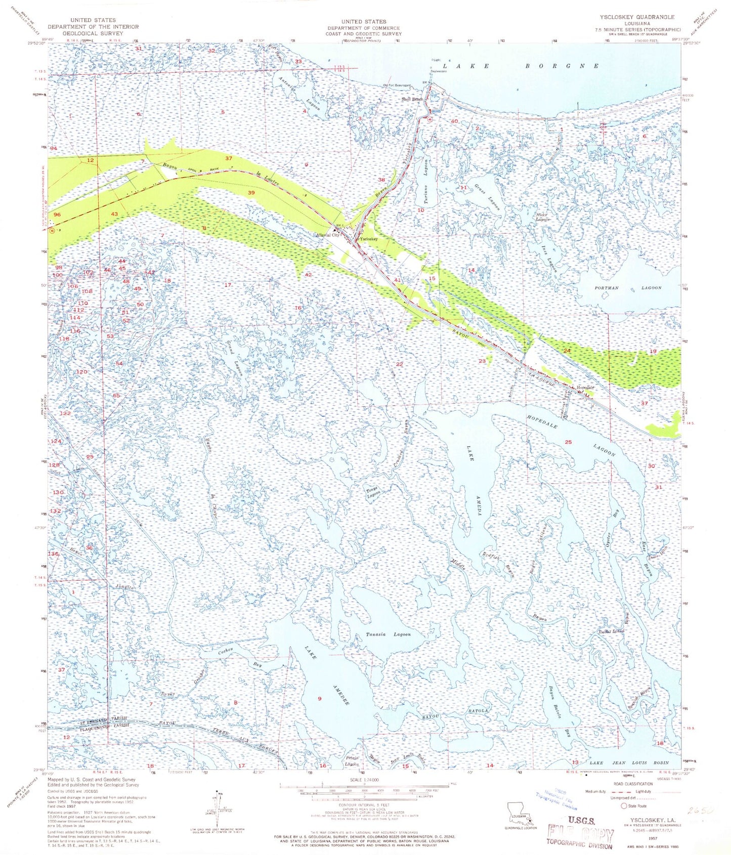 Classic USGS Yscloskey Louisiana 7.5'x7.5' Topo Map Image