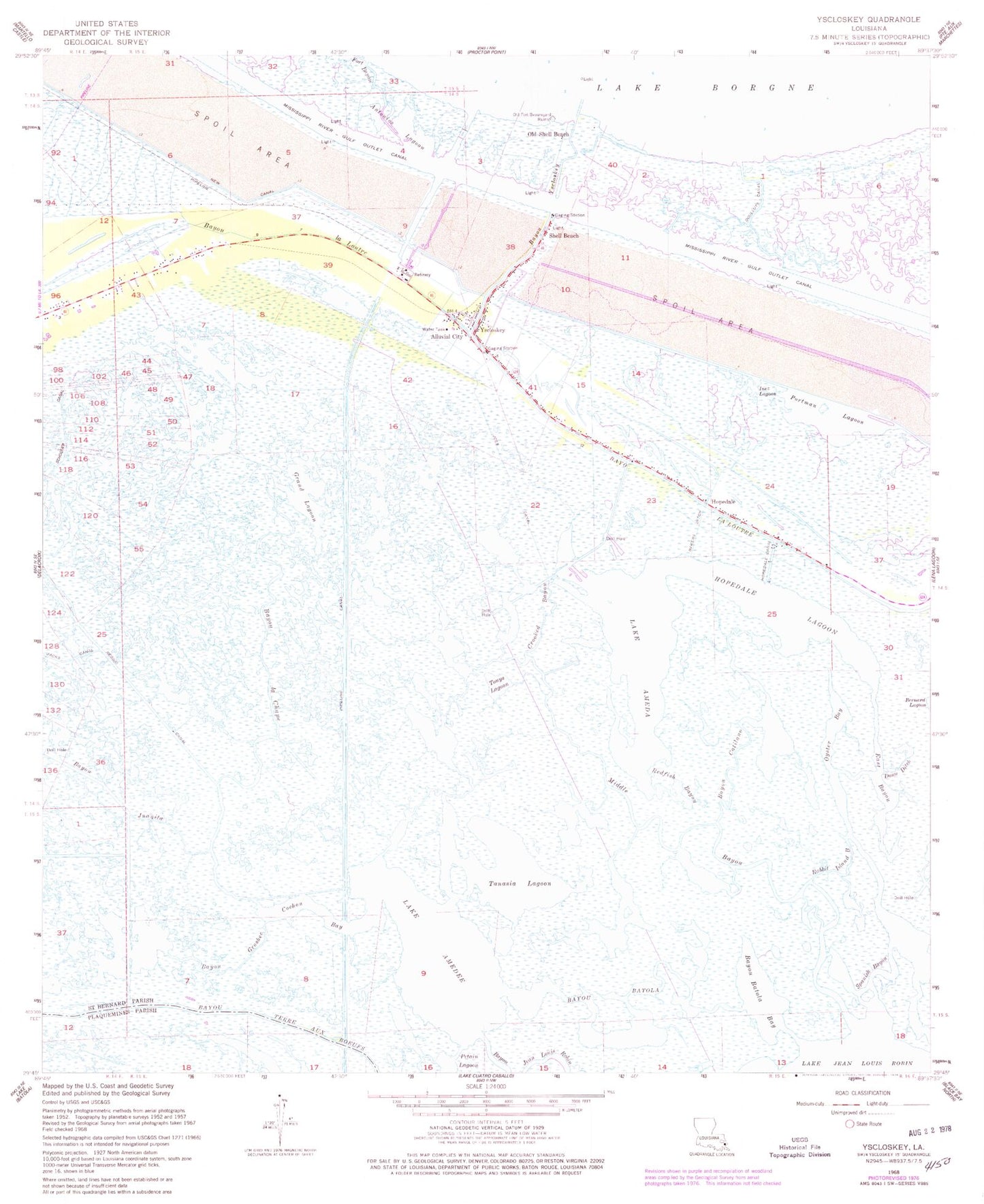 Classic USGS Yscloskey Louisiana 7.5'x7.5' Topo Map Image