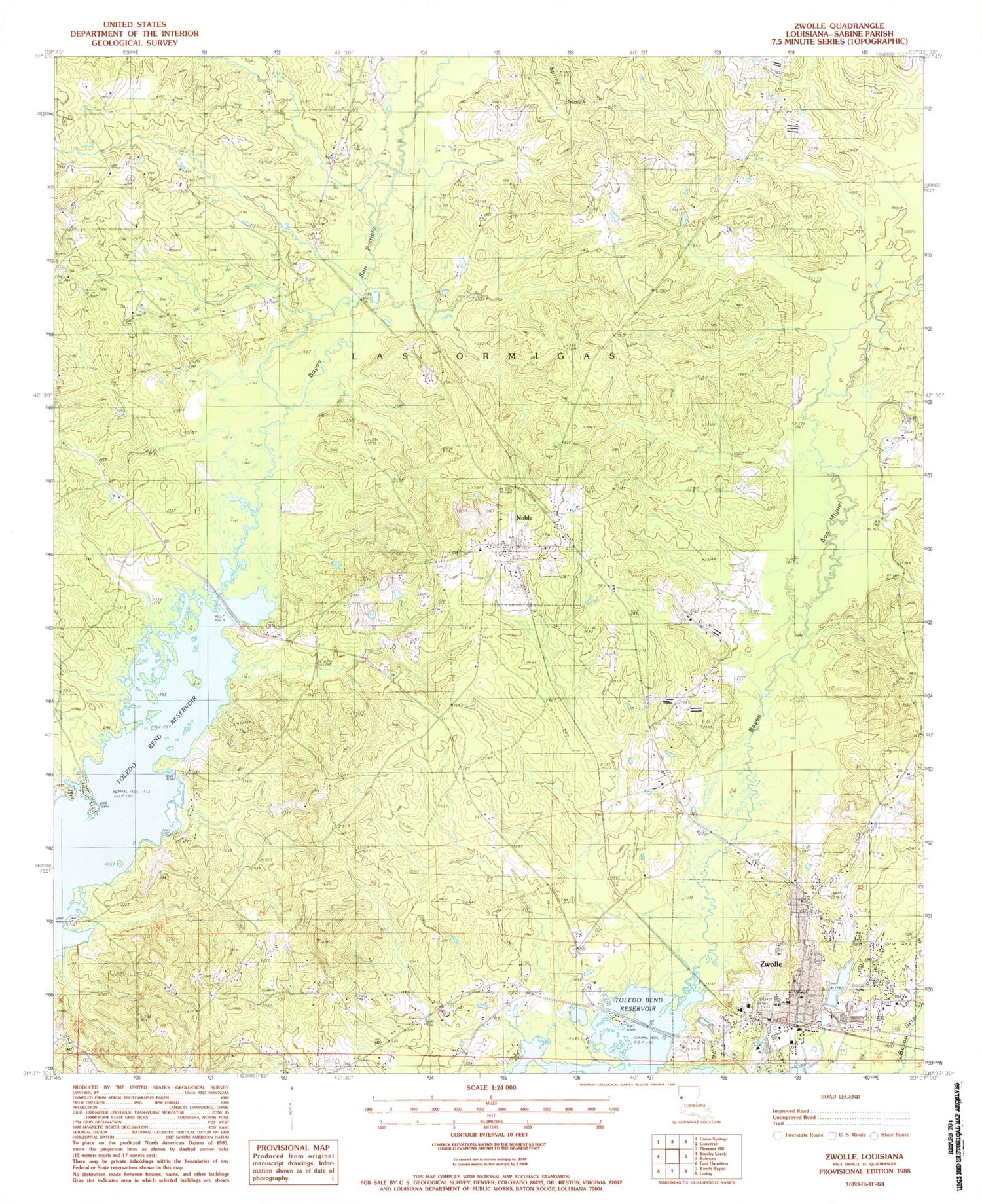 Classic USGS Zwolle Louisiana 7.5'x7.5' Topo Map Image