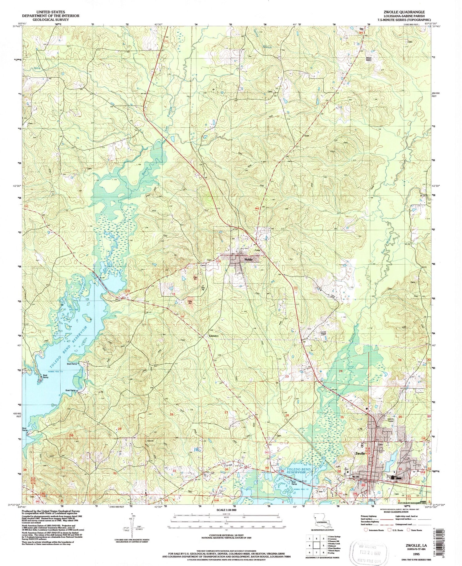 Classic USGS Zwolle Louisiana 7.5'x7.5' Topo Map Image