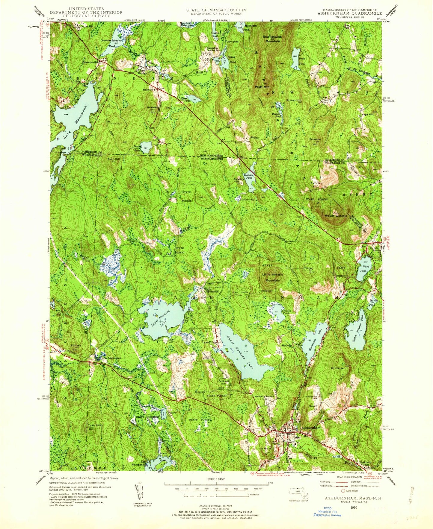 Classic USGS Ashburnham Massachusetts 7.5'x7.5' Topo Map Image