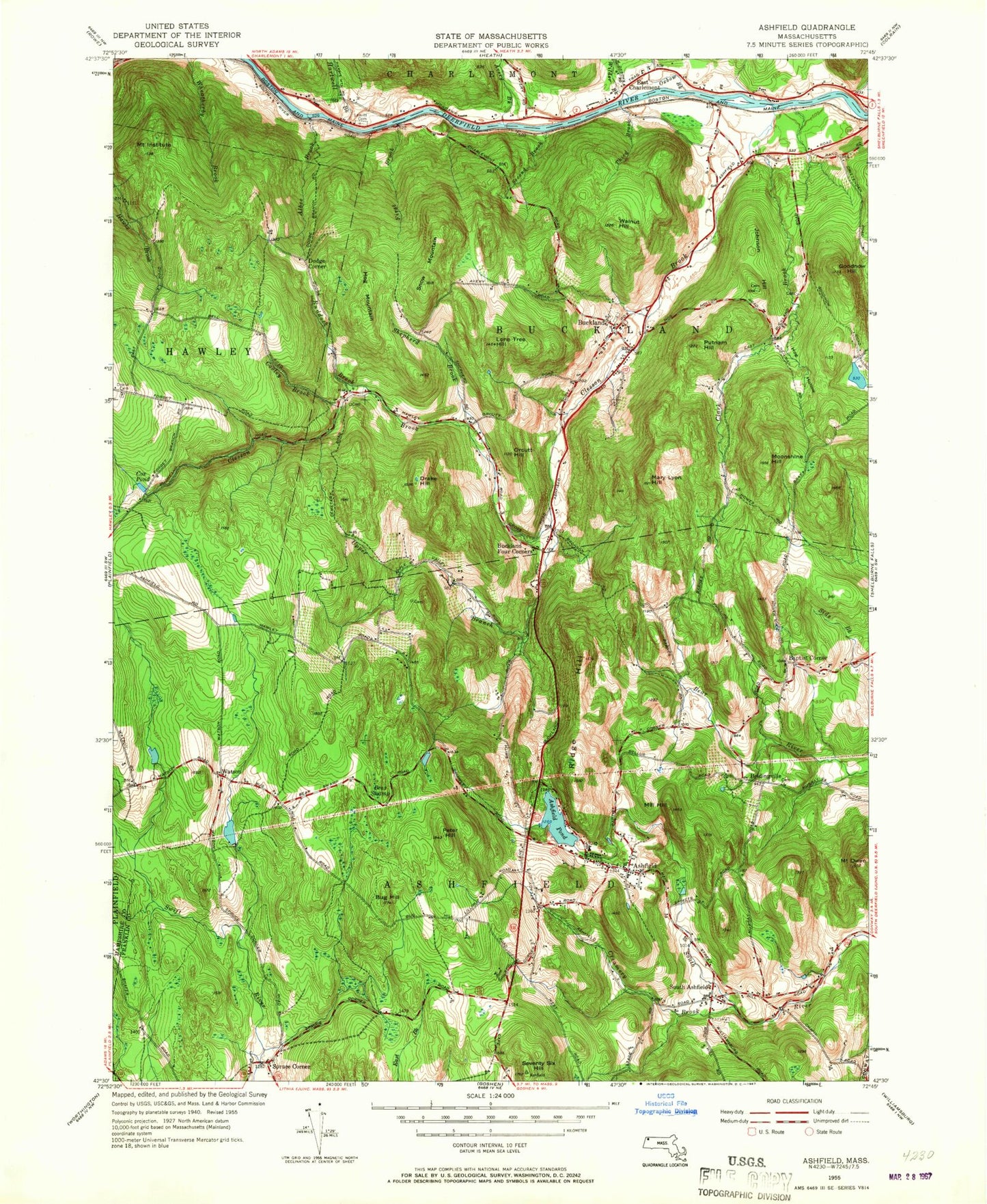 Classic USGS Ashfield Massachusetts 7.5'x7.5' Topo Map Image