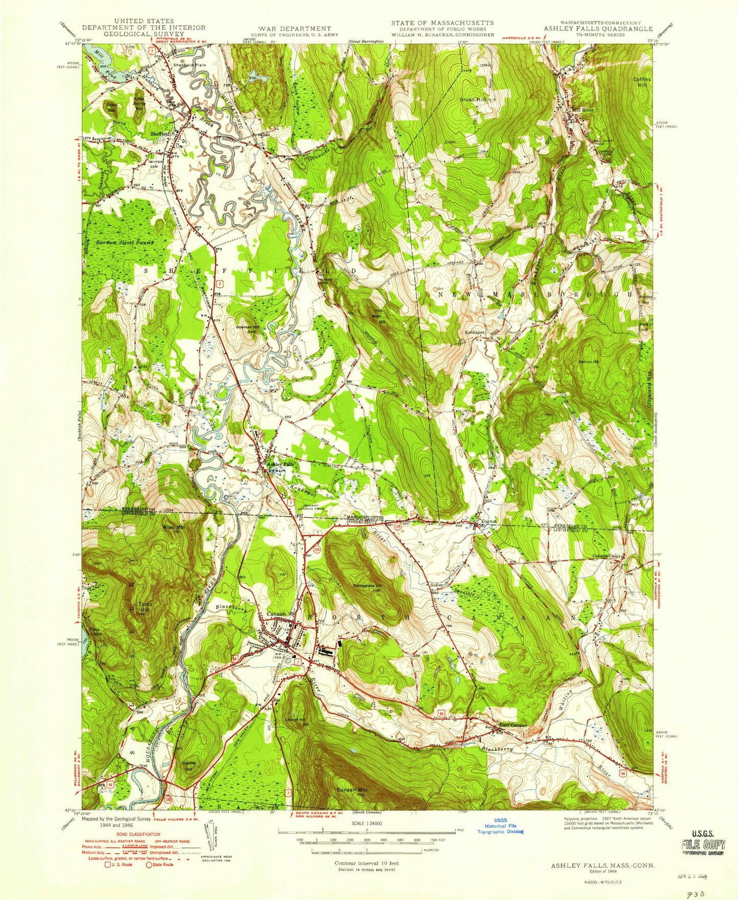 Classic USGS Ashley Falls Massachusetts 7.5'x7.5' Topo Map Image