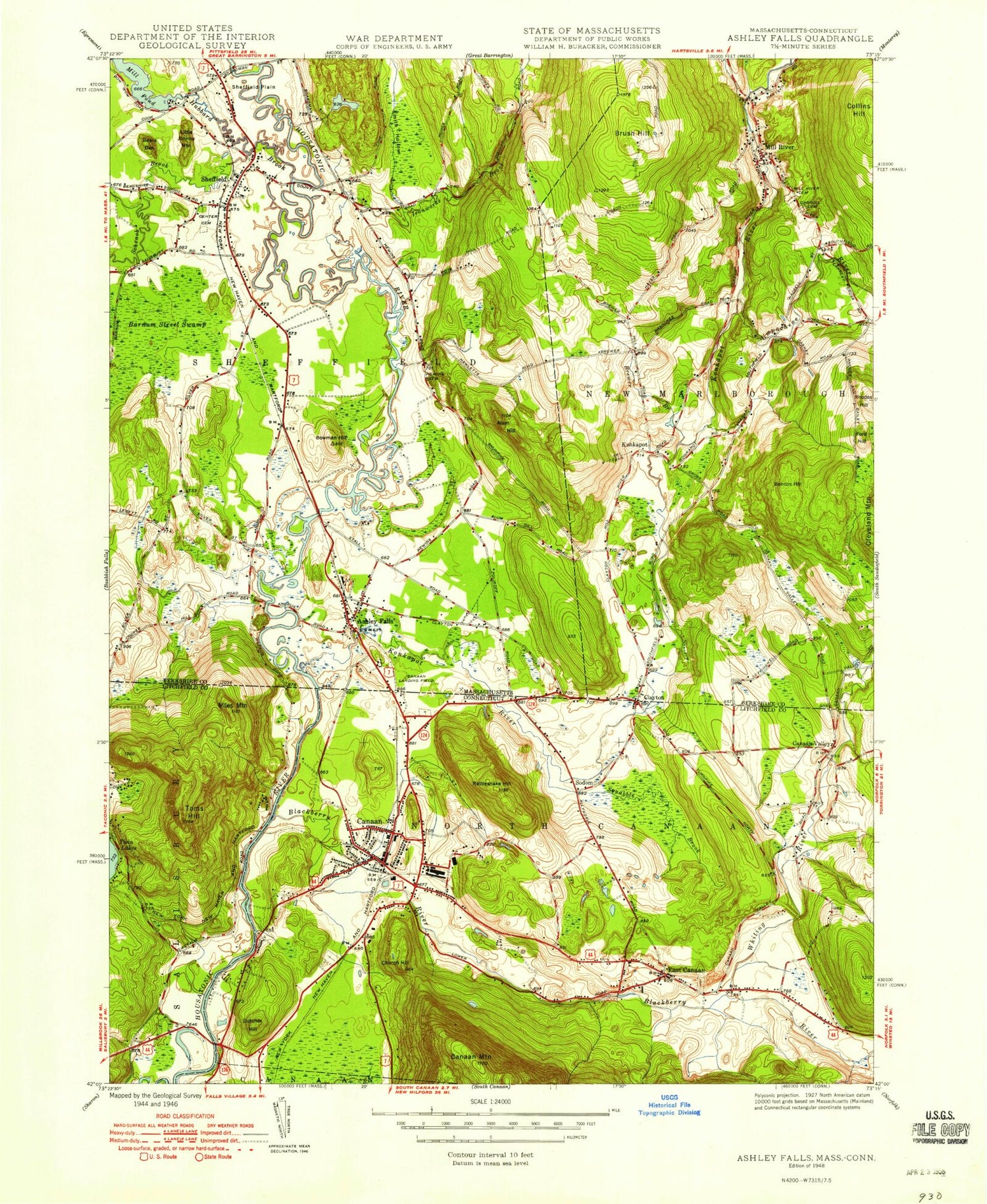 Classic USGS Ashley Falls Massachusetts 7.5'x7.5' Topo Map Image