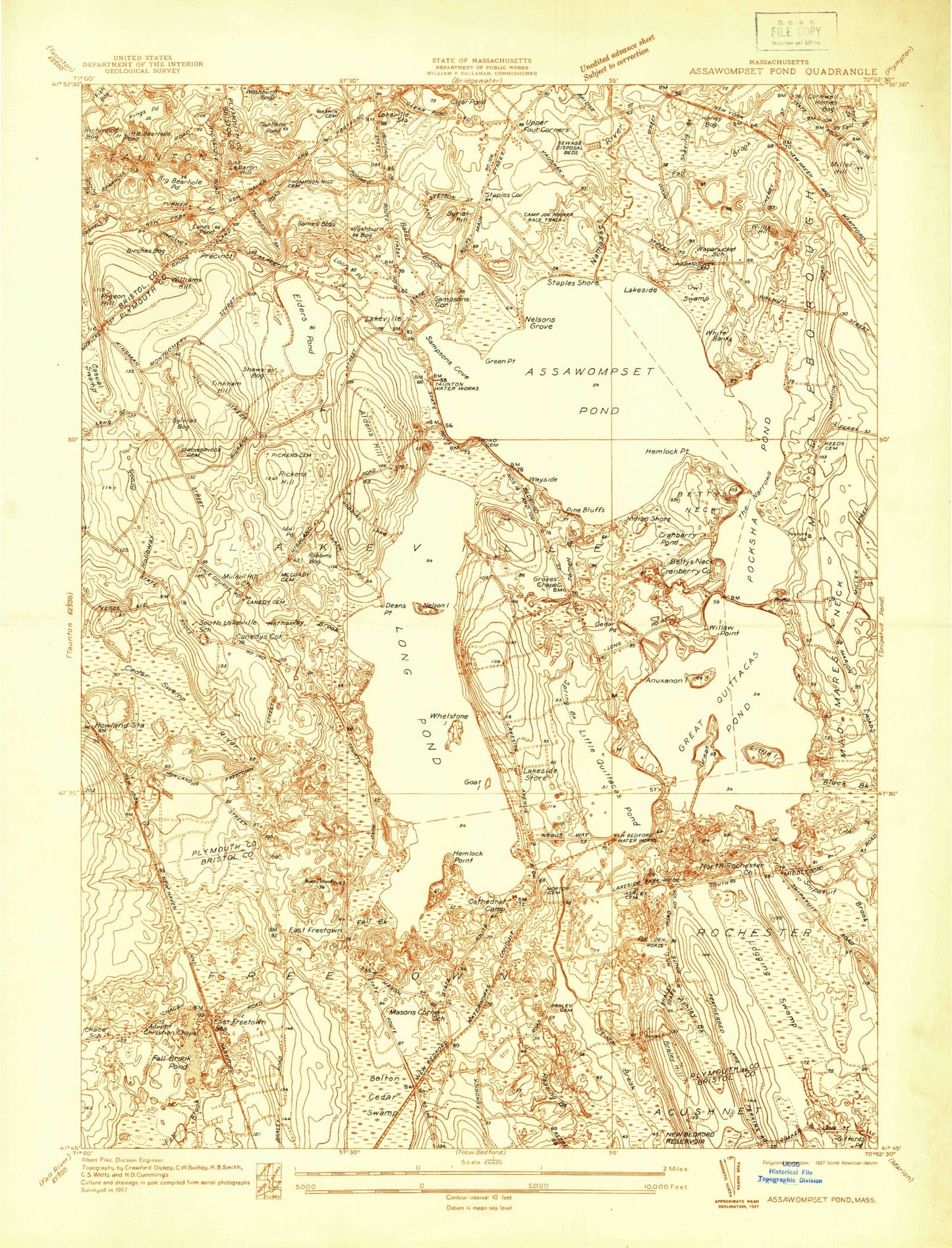 Classic USGS Assawompset Pond Massachusetts 7.5'x7.5' Topo Map Image