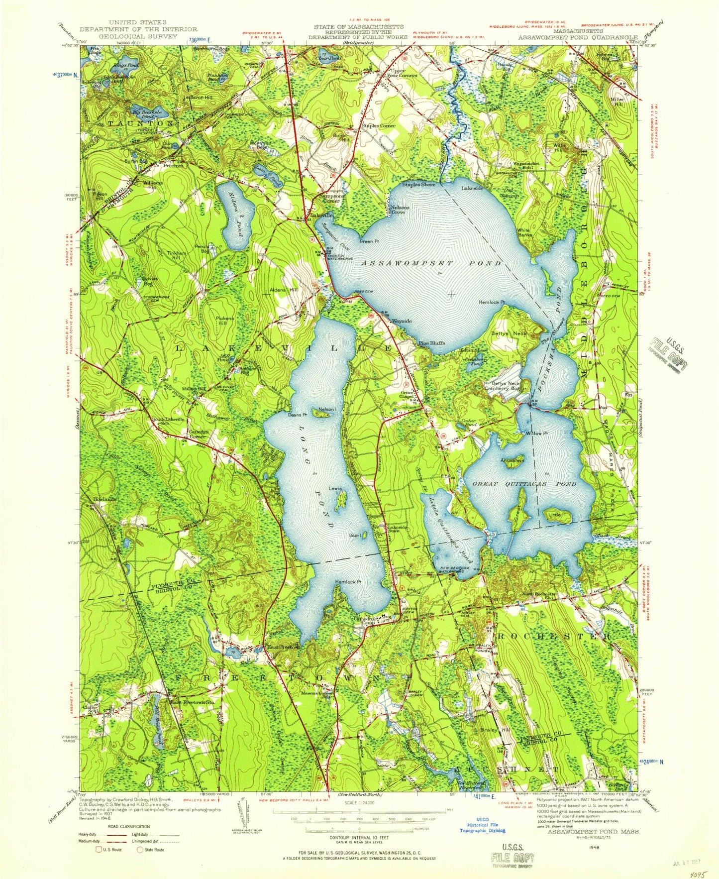 Classic USGS Assawompset Pond Massachusetts 7.5'x7.5' Topo Map Image