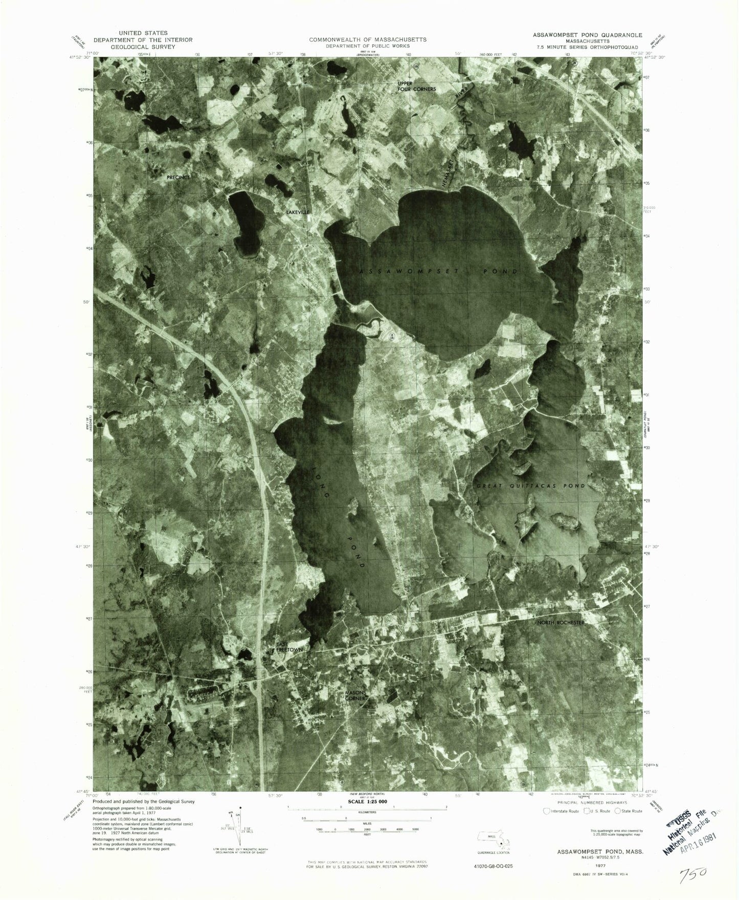 Classic USGS Assawompset Pond Massachusetts 7.5'x7.5' Topo Map Image