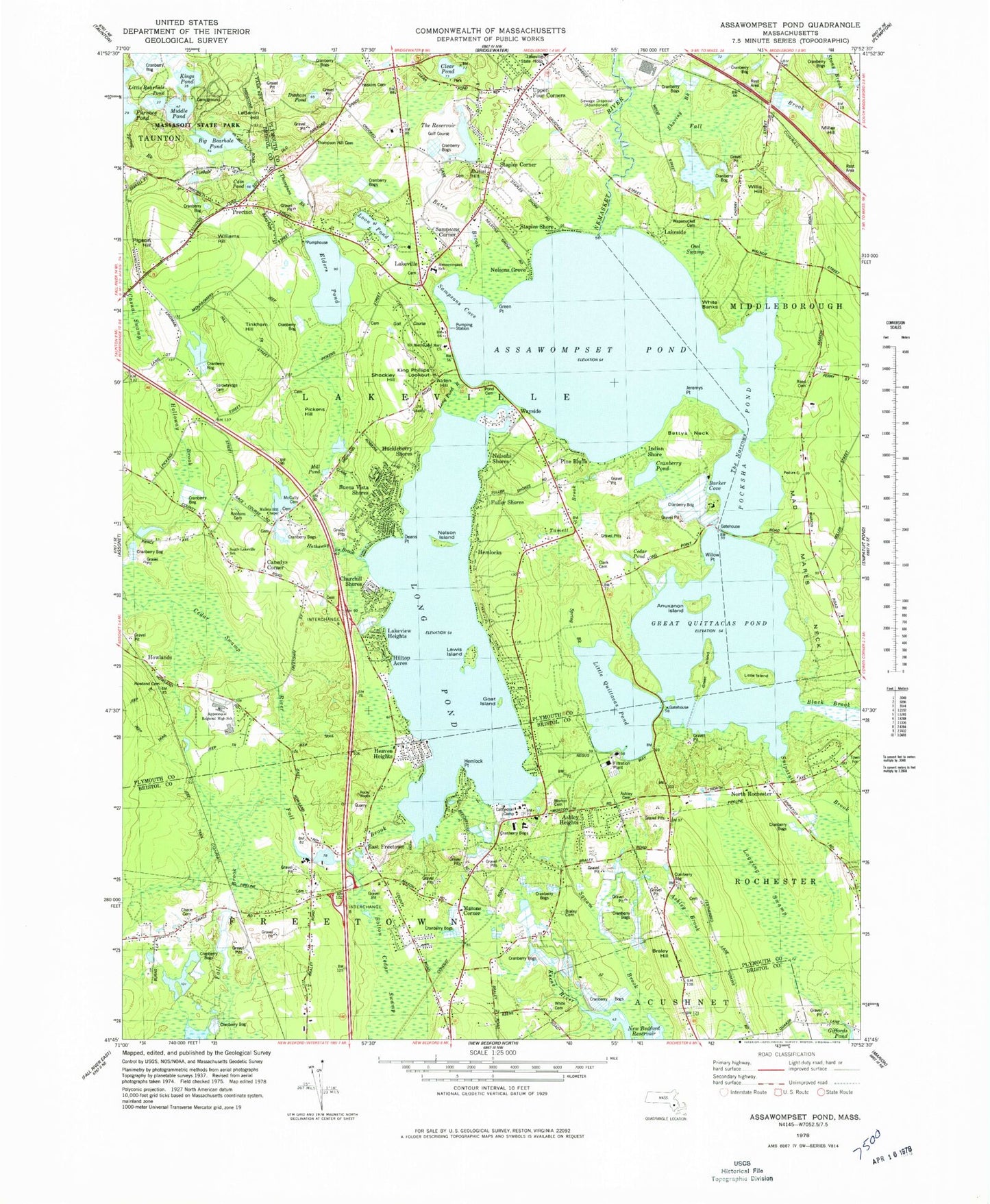 Classic USGS Assawompset Pond Massachusetts 7.5'x7.5' Topo Map Image