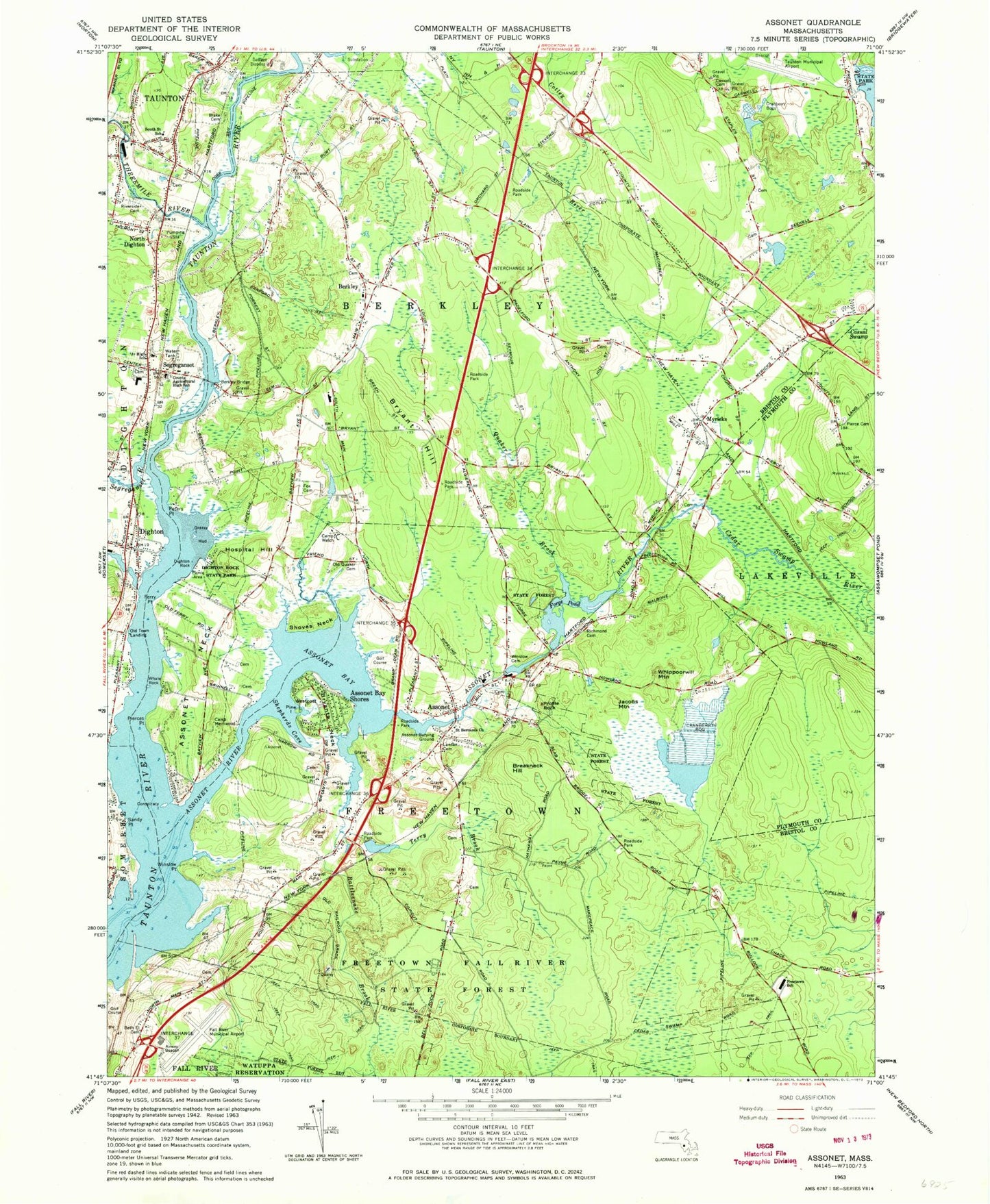 Classic USGS Assonet Massachusetts 7.5'x7.5' Topo Map Image
