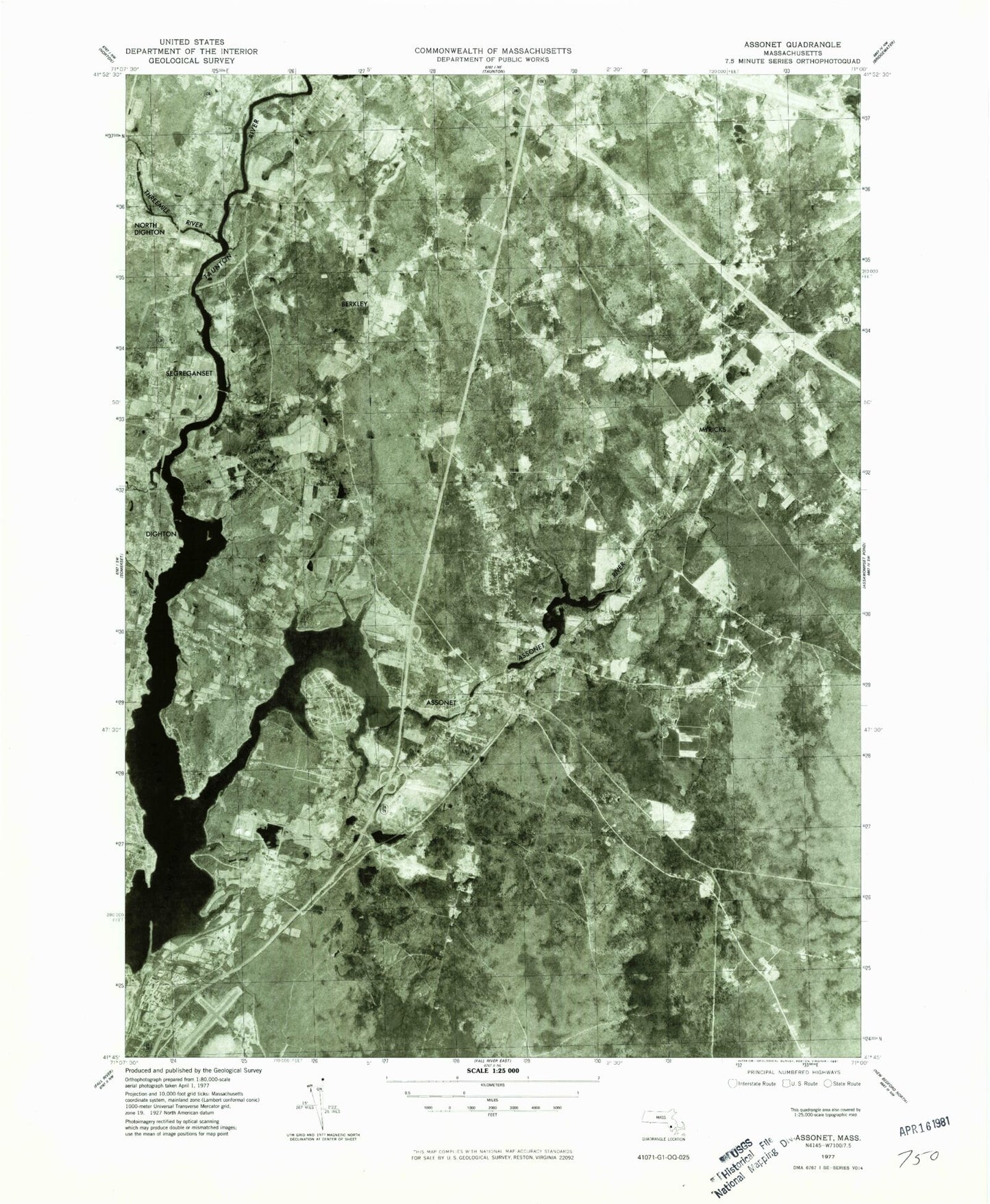 Classic USGS Assonet Massachusetts 7.5'x7.5' Topo Map Image