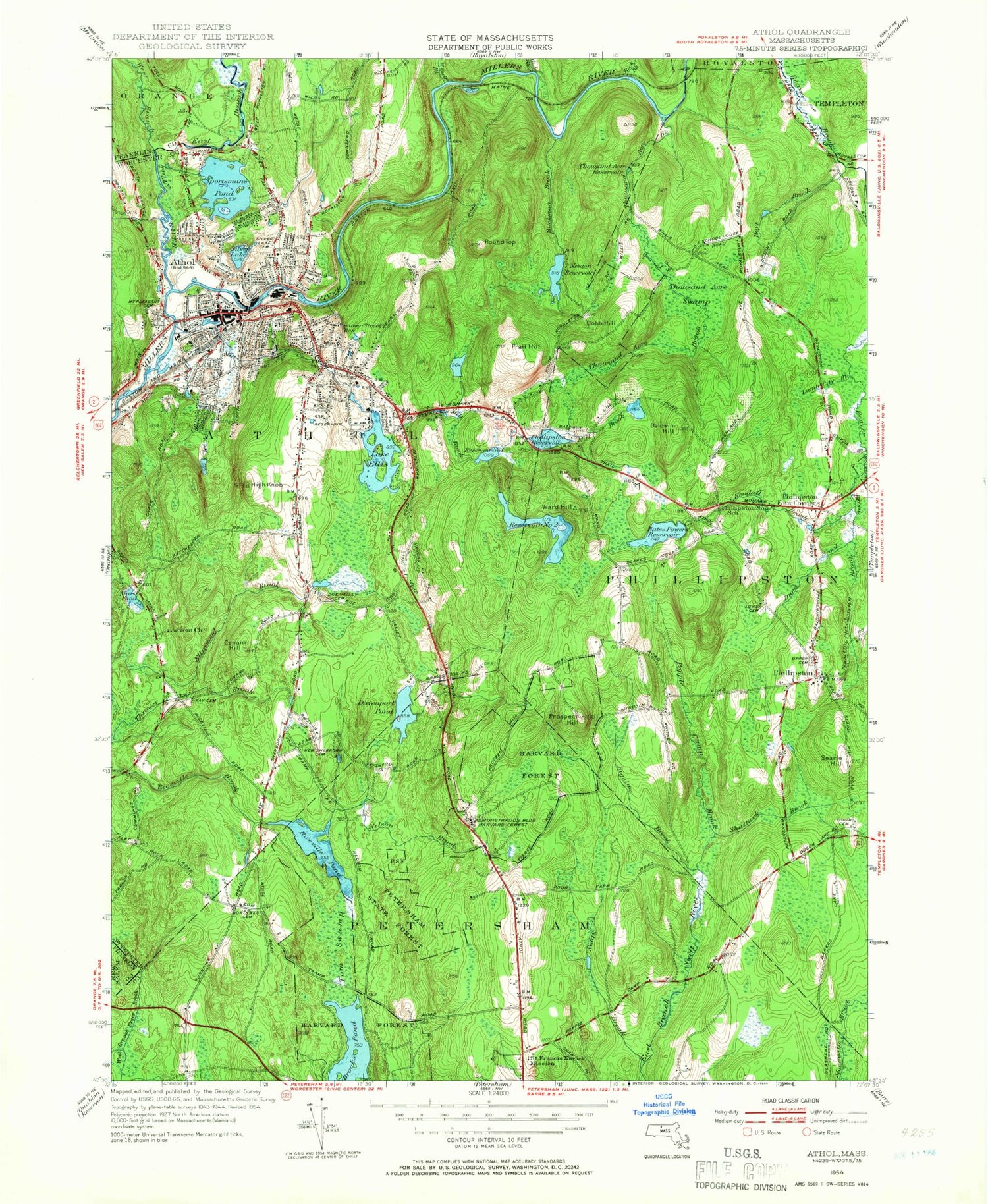 Classic USGS Athol Massachusetts 7.5'x7.5' Topo Map Image