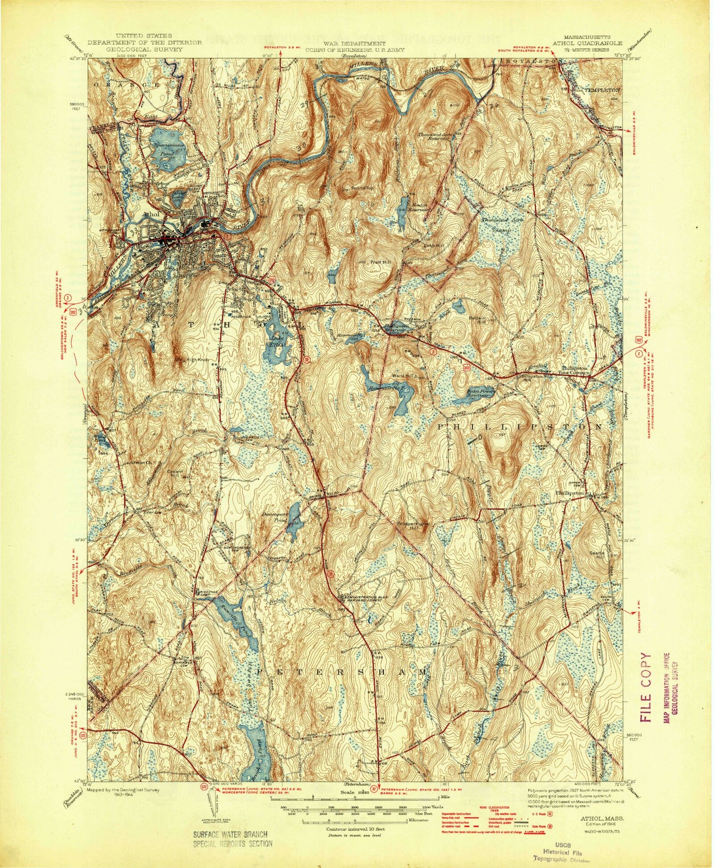 Classic USGS Athol Massachusetts 7.5'x7.5' Topo Map Image