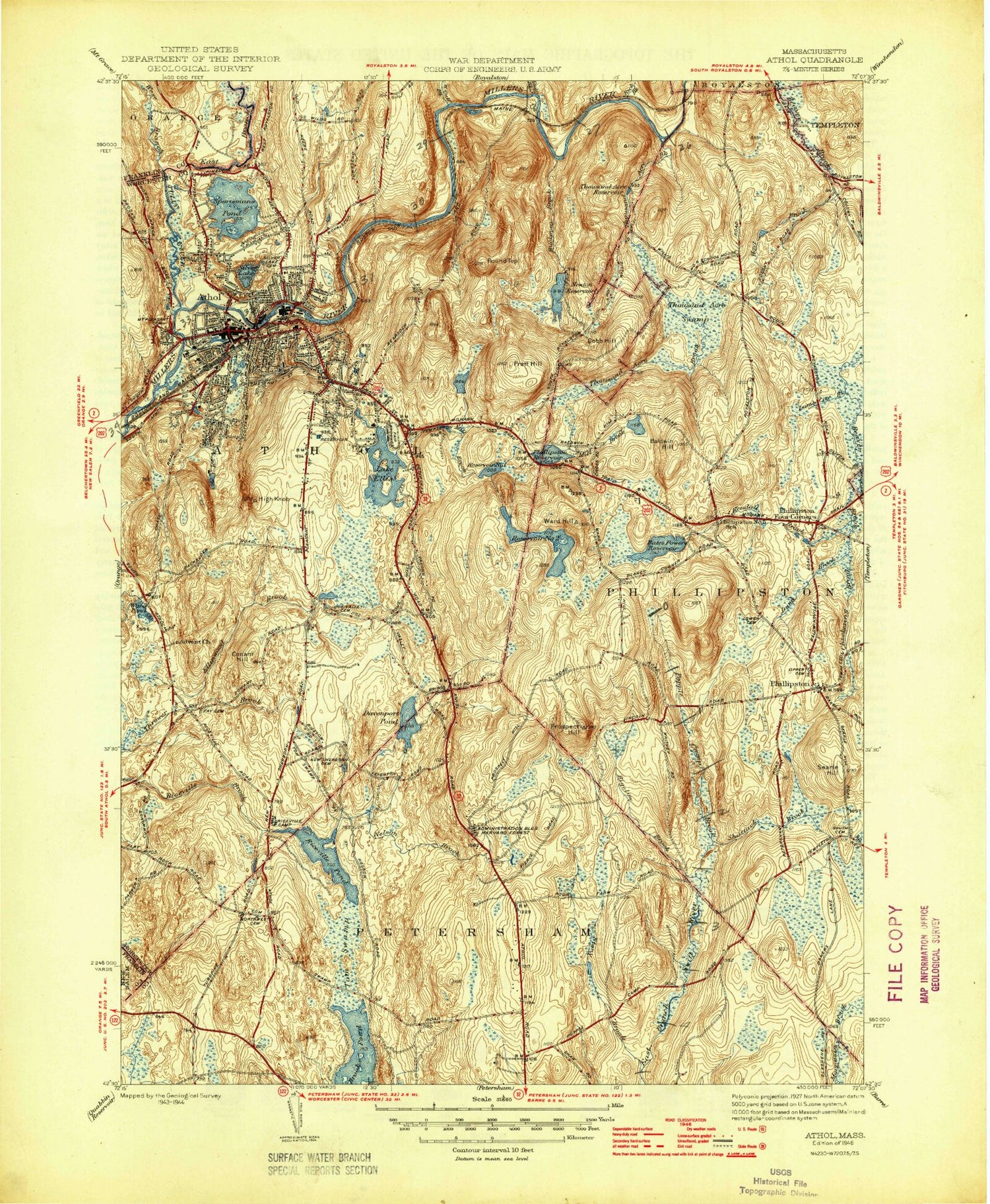 Classic USGS Athol Massachusetts 7.5'x7.5' Topo Map Image