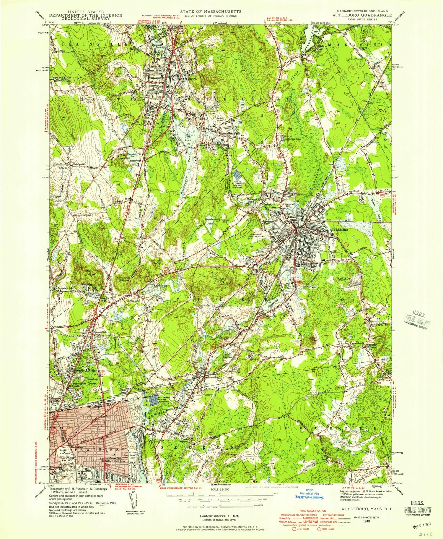 Classic USGS Attleboro Massachusetts 7.5'x7.5' Topo Map Image
