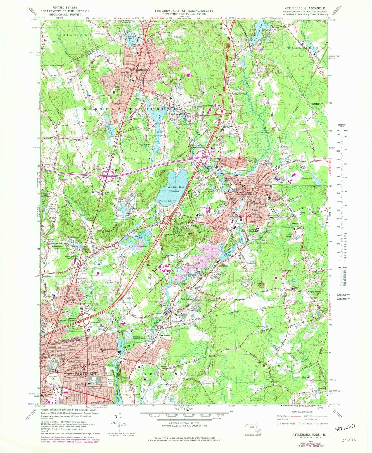 Classic USGS Attleboro Massachusetts 7.5'x7.5' Topo Map Image