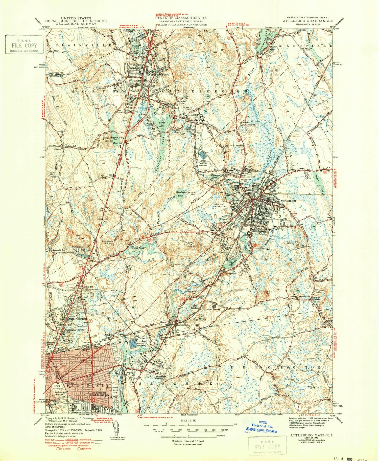 Classic USGS Attleboro Massachusetts 7.5'x7.5' Topo Map Image