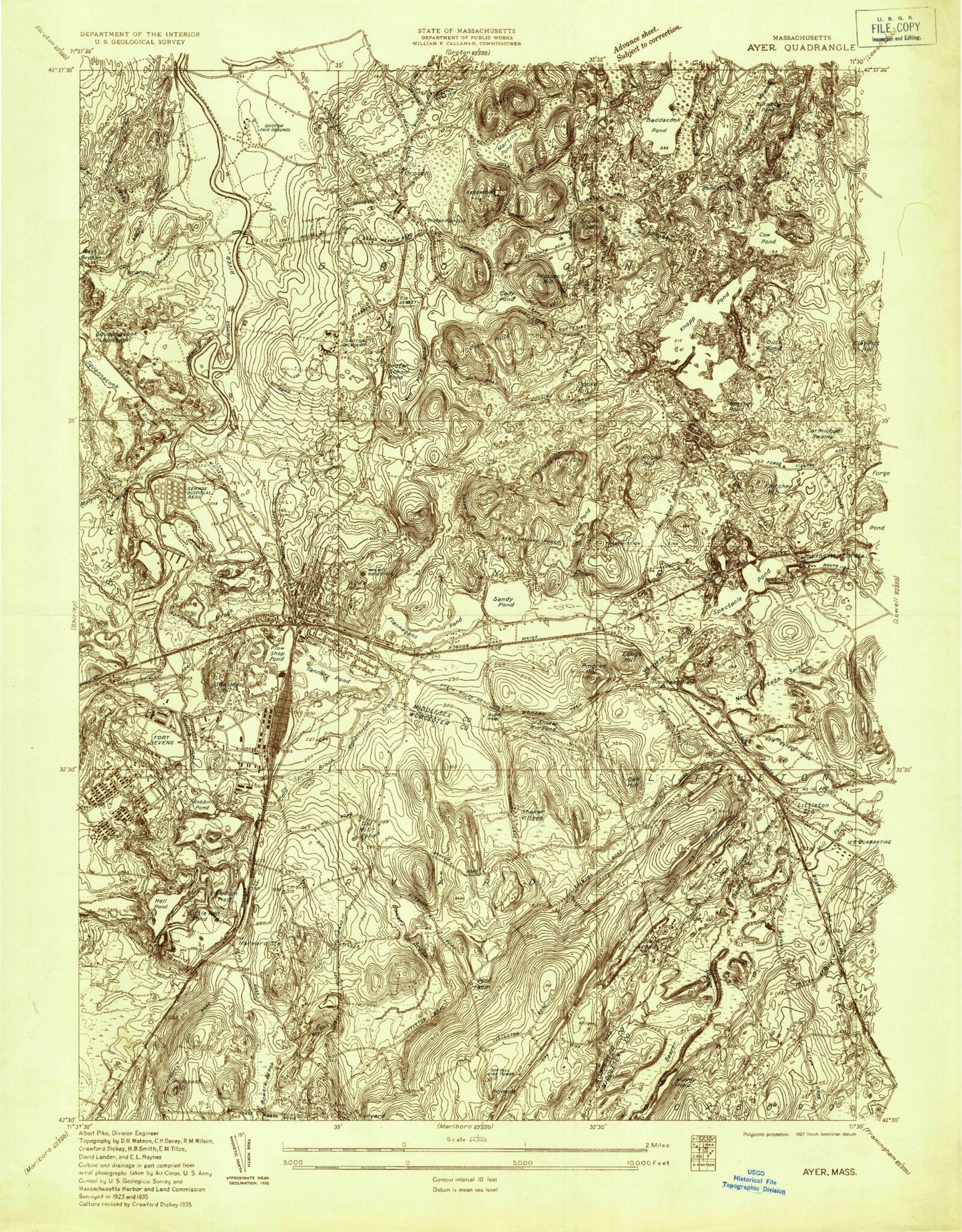 Classic USGS Ayer Massachusetts 7.5'x7.5' Topo Map Image