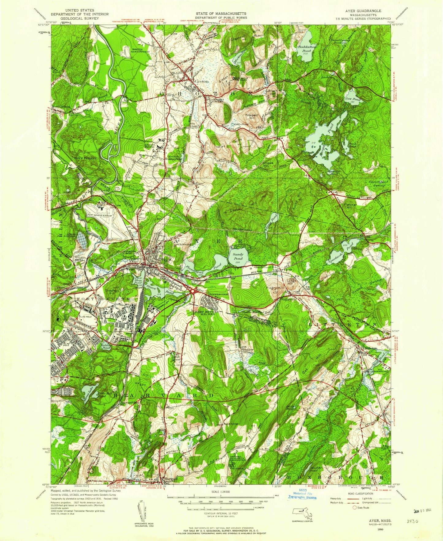Classic USGS Ayer Massachusetts 7.5'x7.5' Topo Map Image