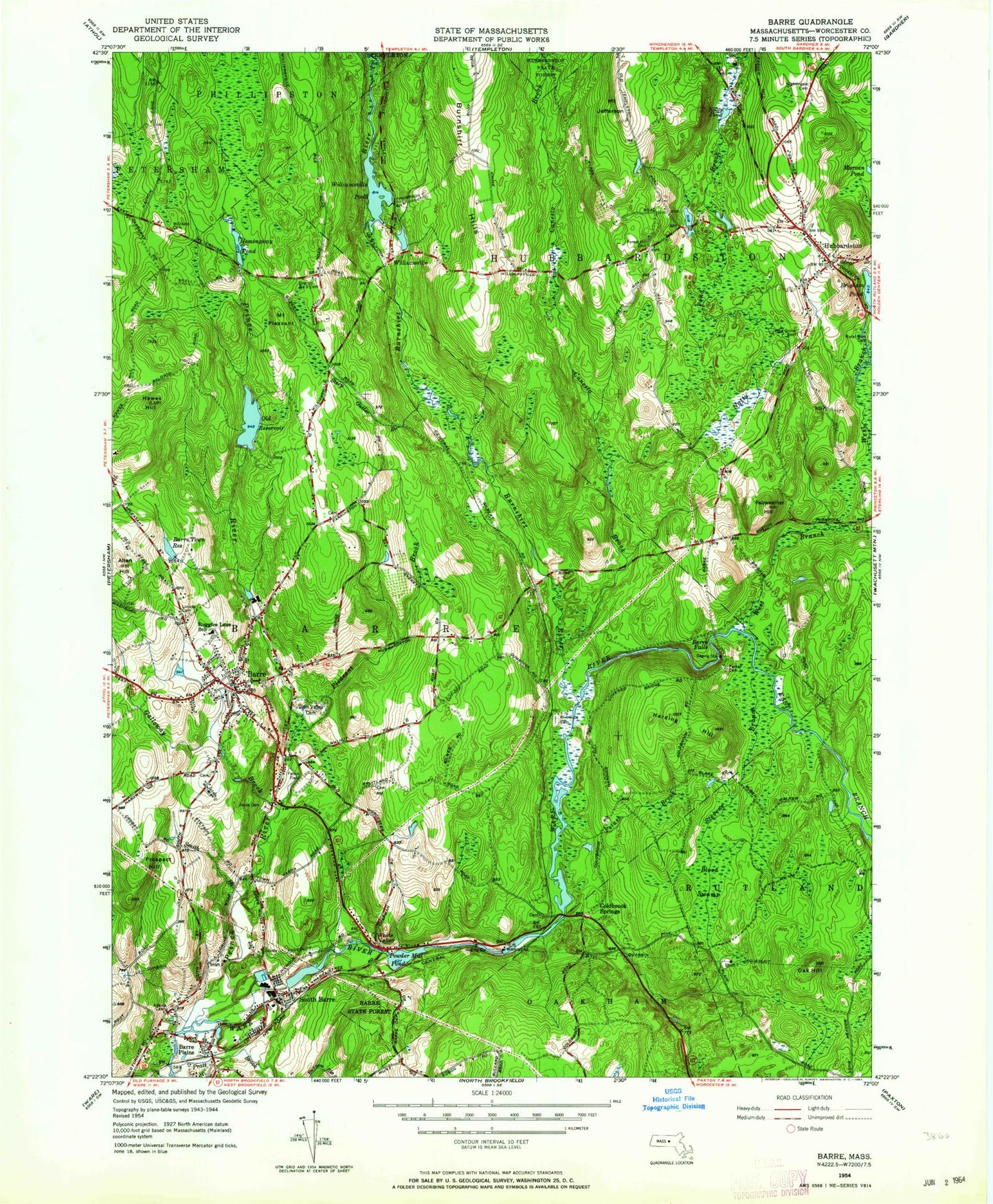 Classic USGS Barre Massachusetts 7.5'x7.5' Topo Map Image
