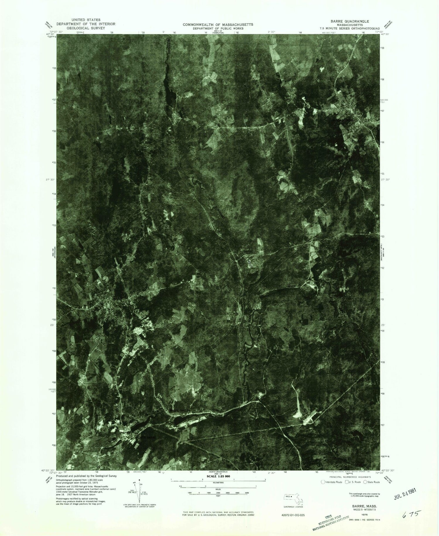 Classic USGS Barre Massachusetts 7.5'x7.5' Topo Map Image