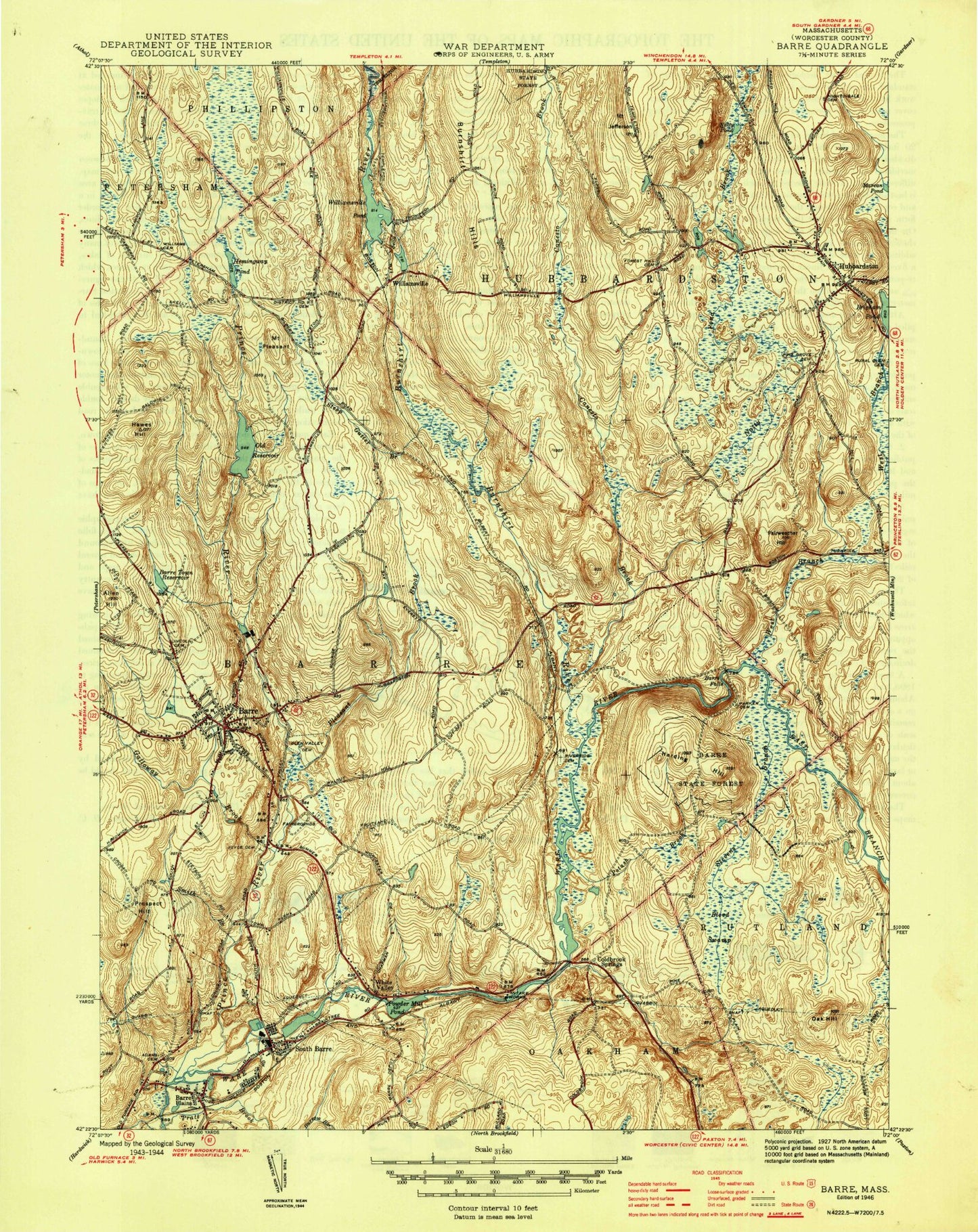 Classic USGS Barre Massachusetts 7.5'x7.5' Topo Map Image