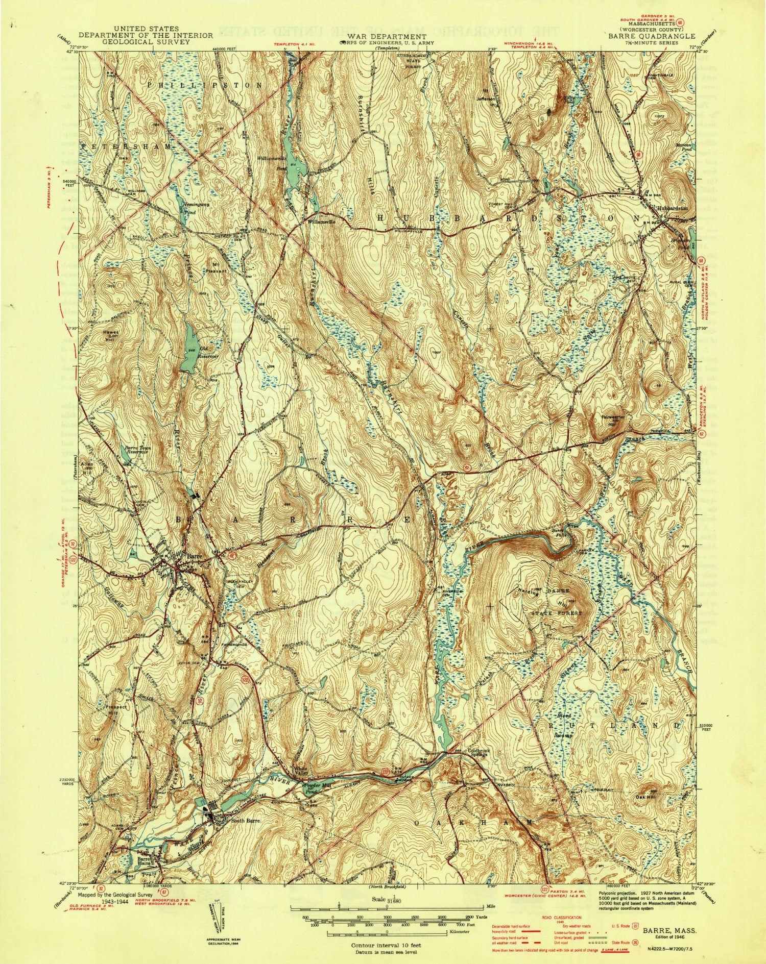 Classic USGS Barre Massachusetts 7.5'x7.5' Topo Map Image