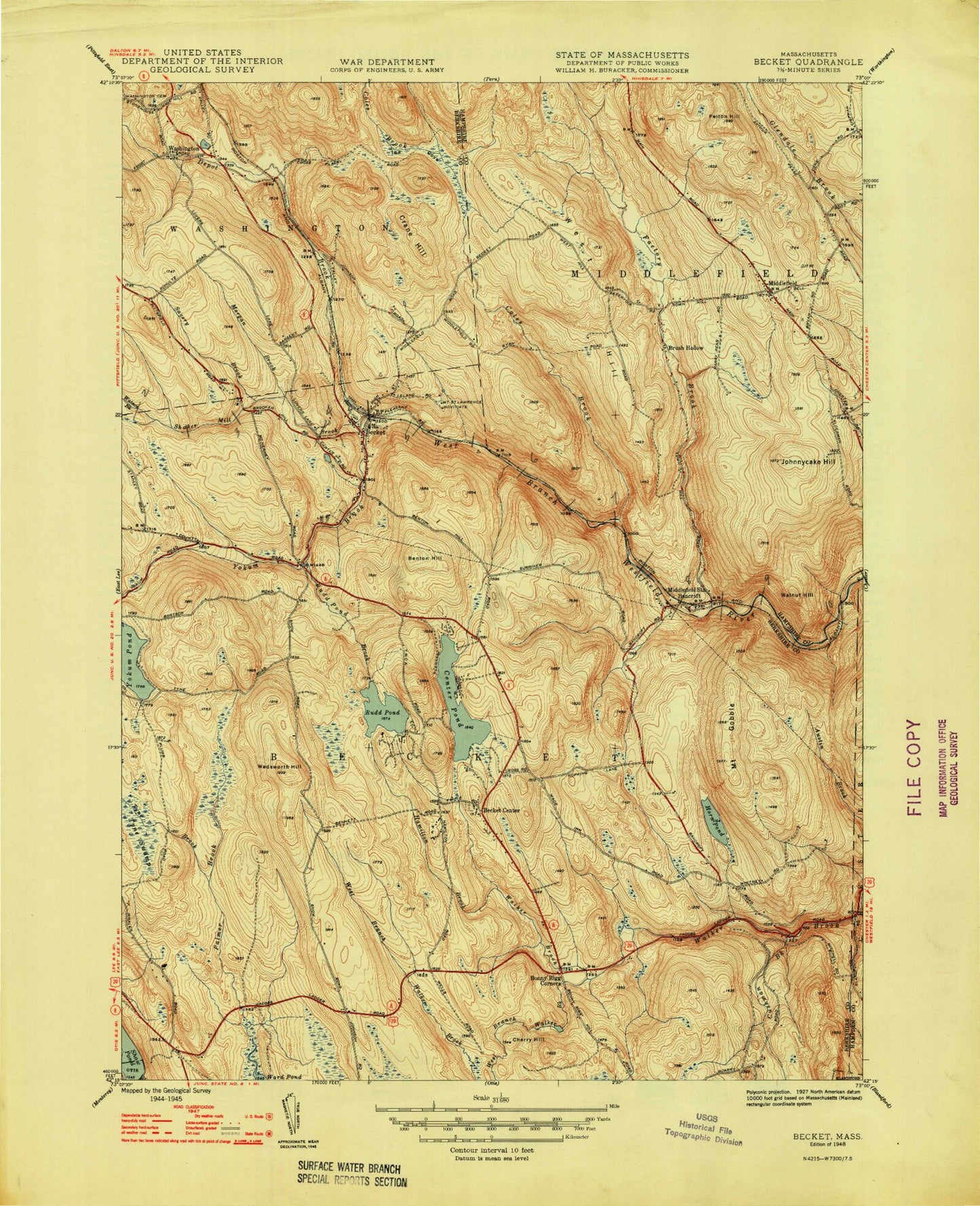 Classic USGS Becket Massachusetts 7.5'x7.5' Topo Map Image