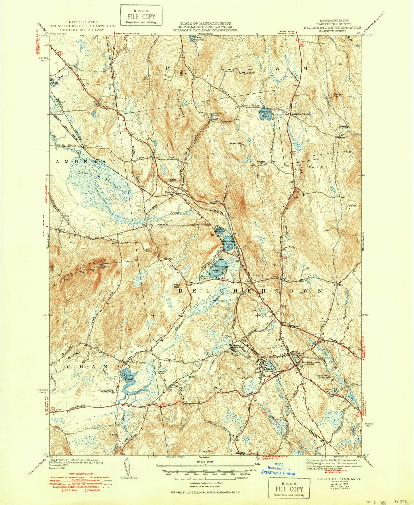 Classic USGS Belchertown Massachusetts 7.5'x7.5' Topo Map Image