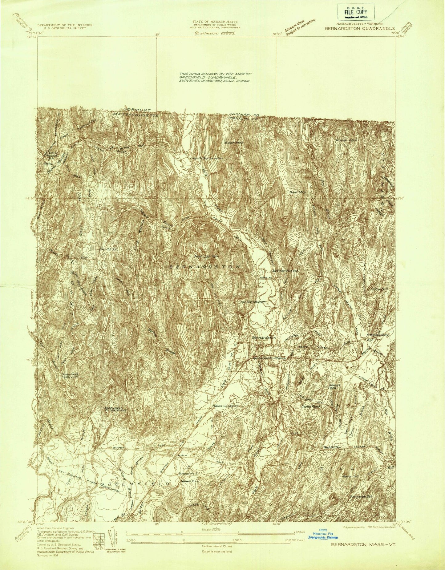 Classic USGS Bernardston Massachusetts 7.5'x7.5' Topo Map Image