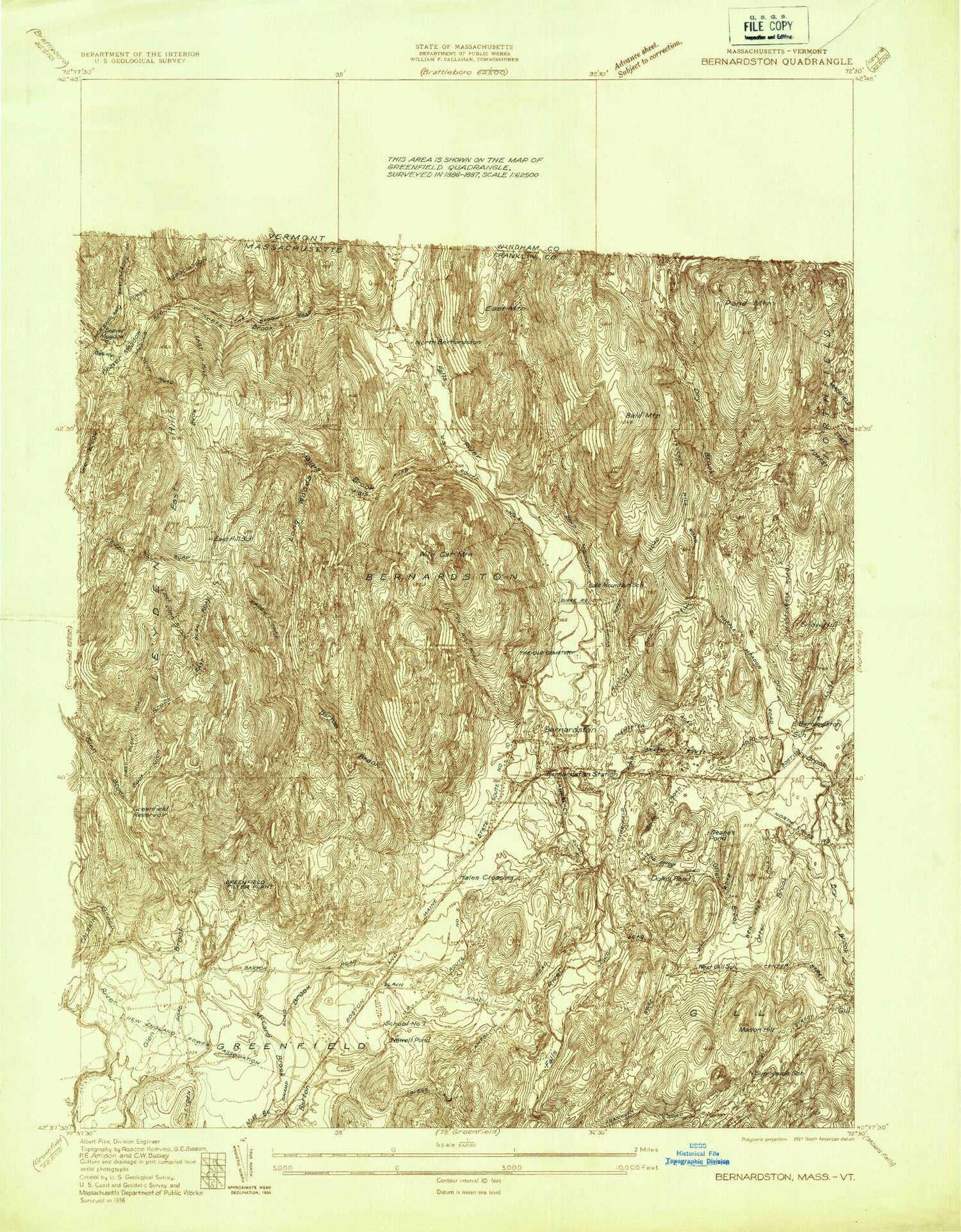 Classic USGS Bernardston Massachusetts 7.5'x7.5' Topo Map Image