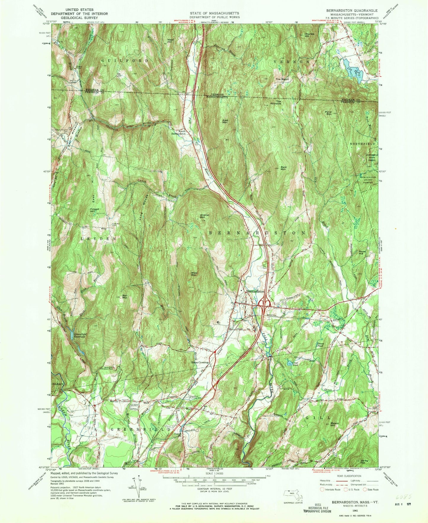Classic USGS Bernardston Massachusetts 7.5'x7.5' Topo Map Image