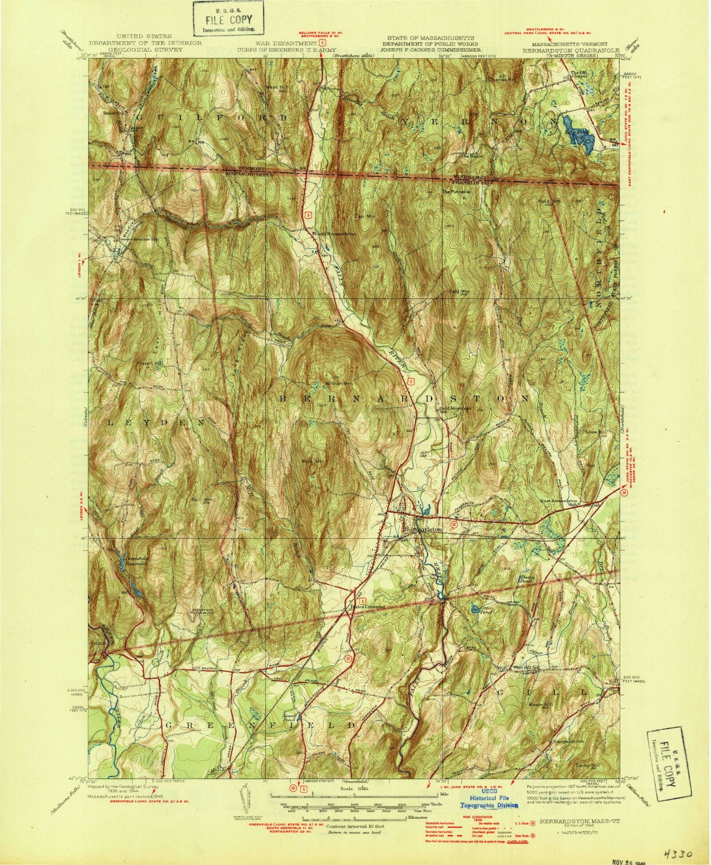 Classic USGS Bernardston Massachusetts 7.5'x7.5' Topo Map Image