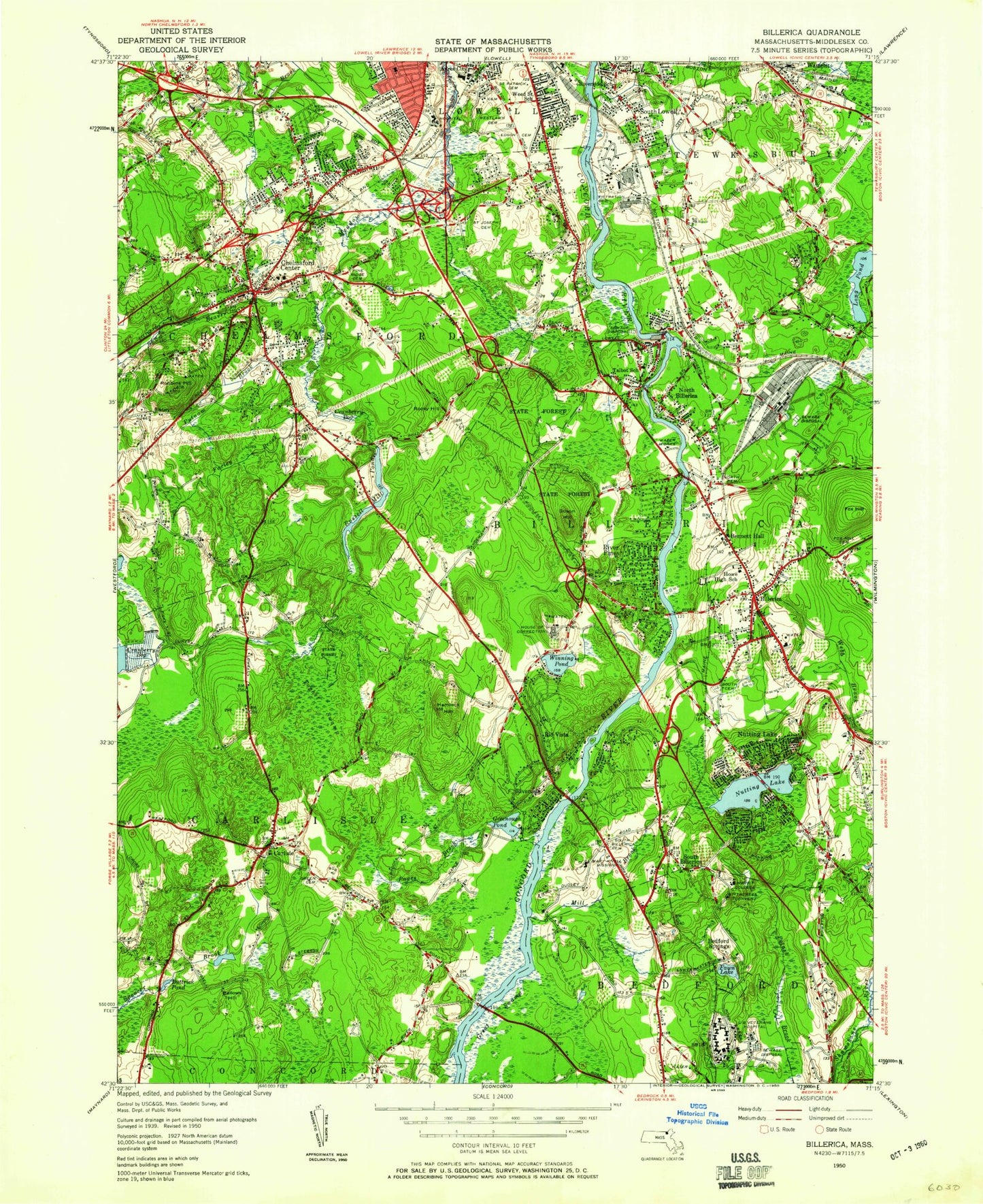 Classic USGS Billerica Massachusetts 7.5'x7.5' Topo Map Image