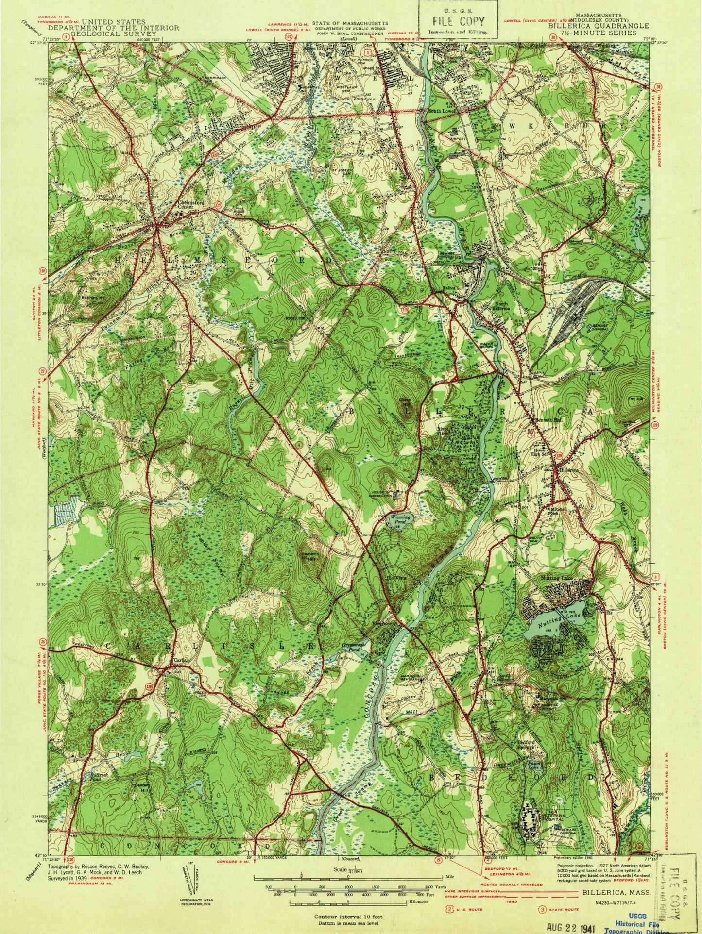 Classic USGS Billerica Massachusetts 7.5'x7.5' Topo Map Image