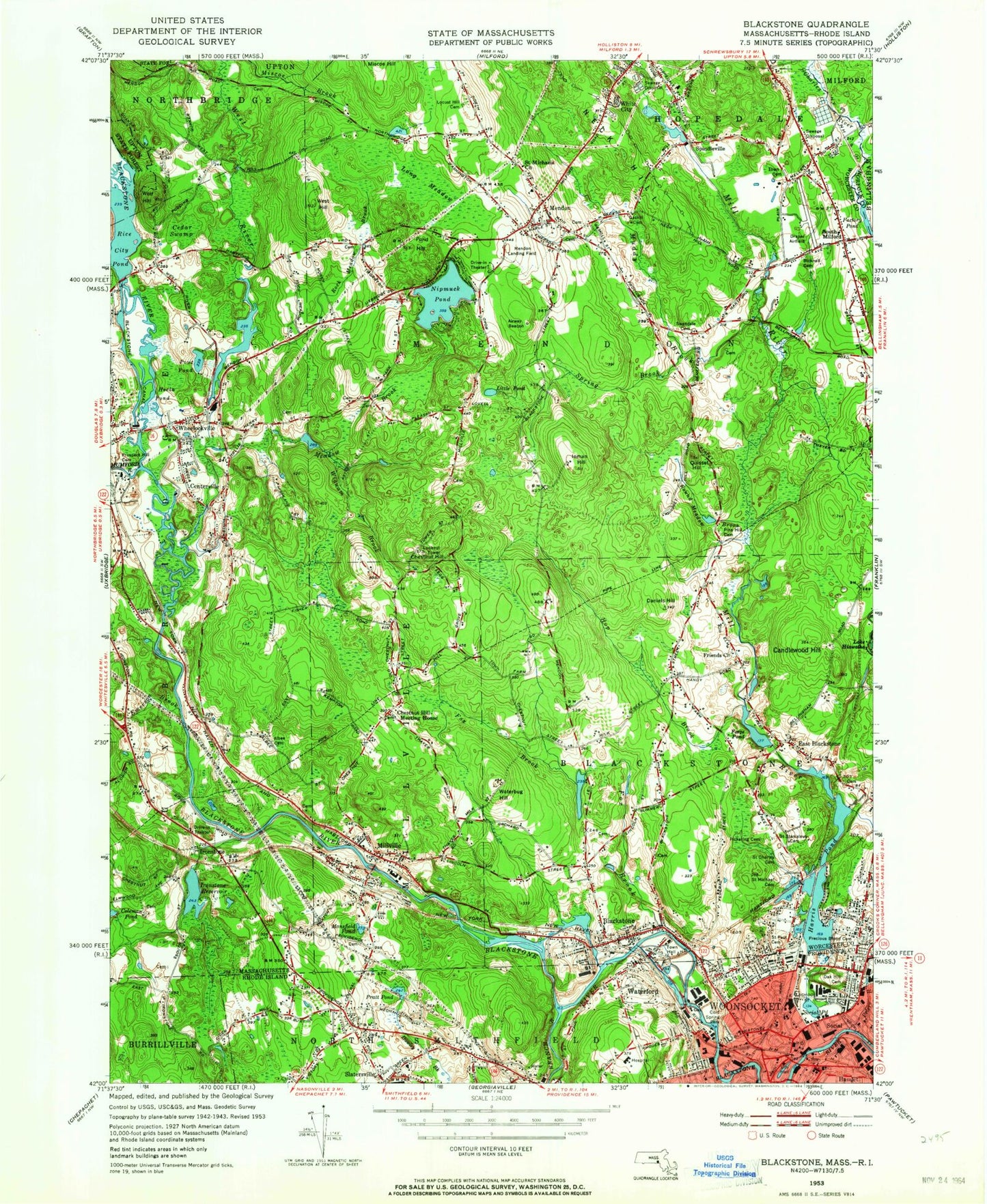 Classic USGS Blackstone Massachusetts 7.5'x7.5' Topo Map Image