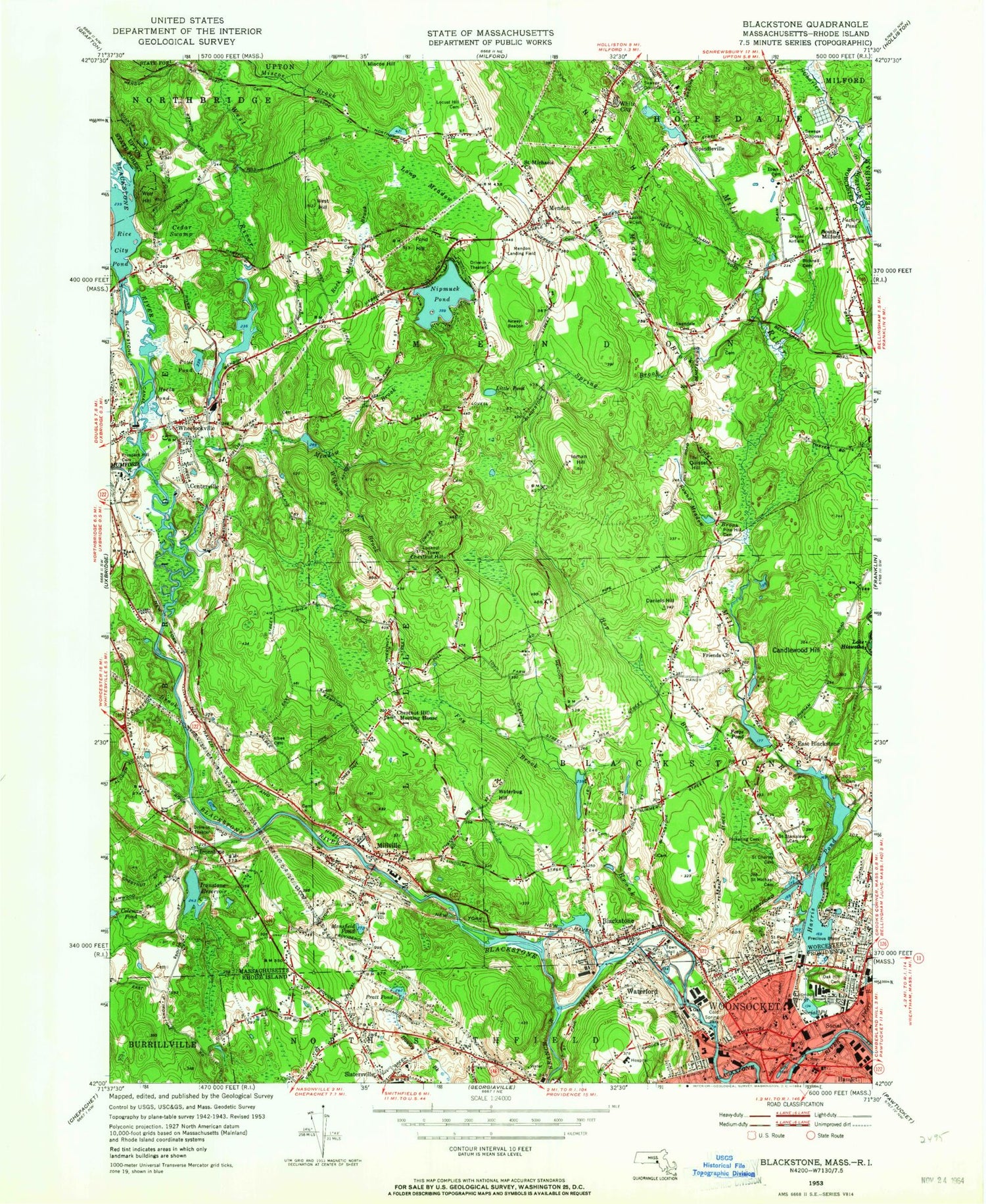 Classic USGS Blackstone Massachusetts 7.5'x7.5' Topo Map Image