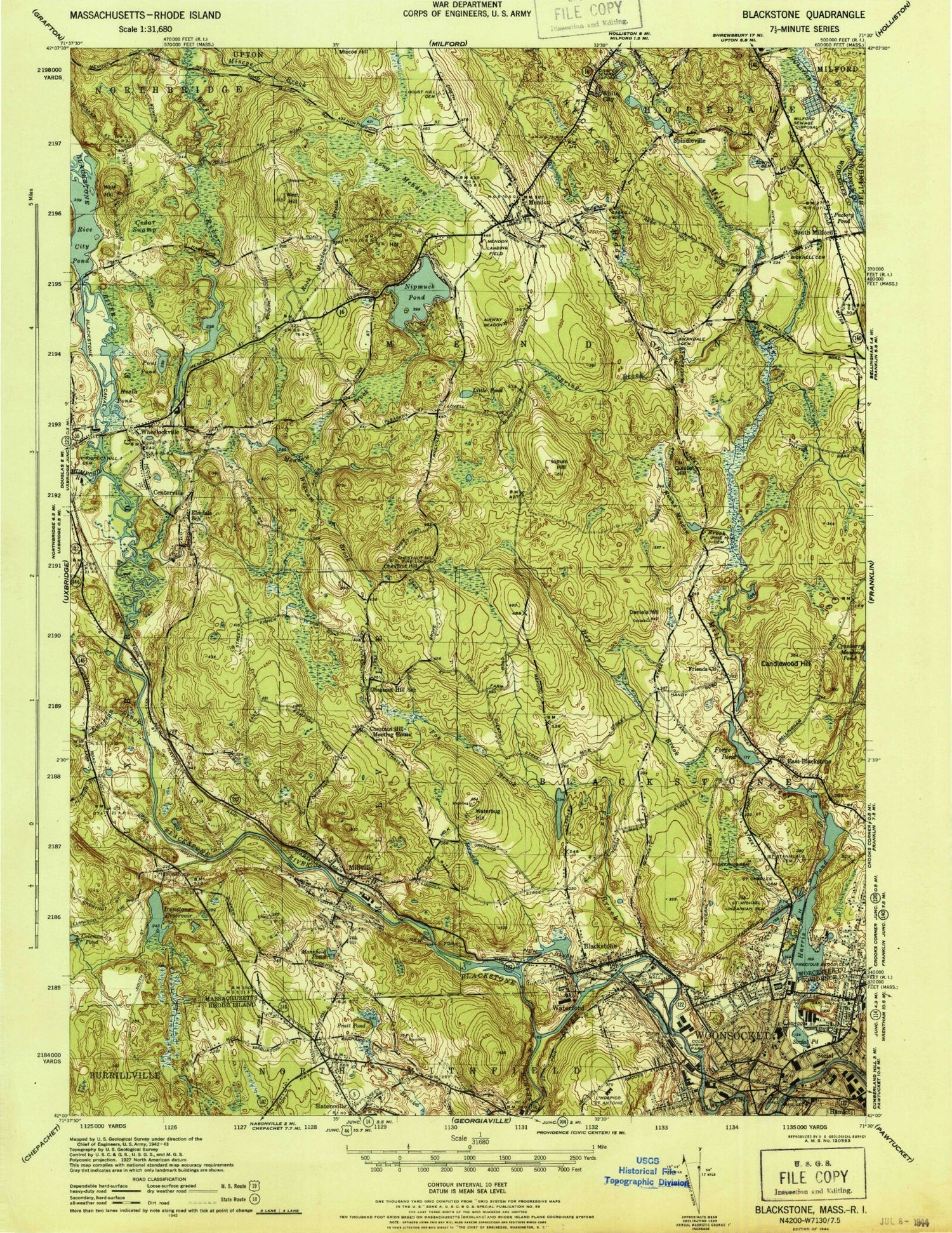 Classic USGS Blackstone Massachusetts 7.5'x7.5' Topo Map Image