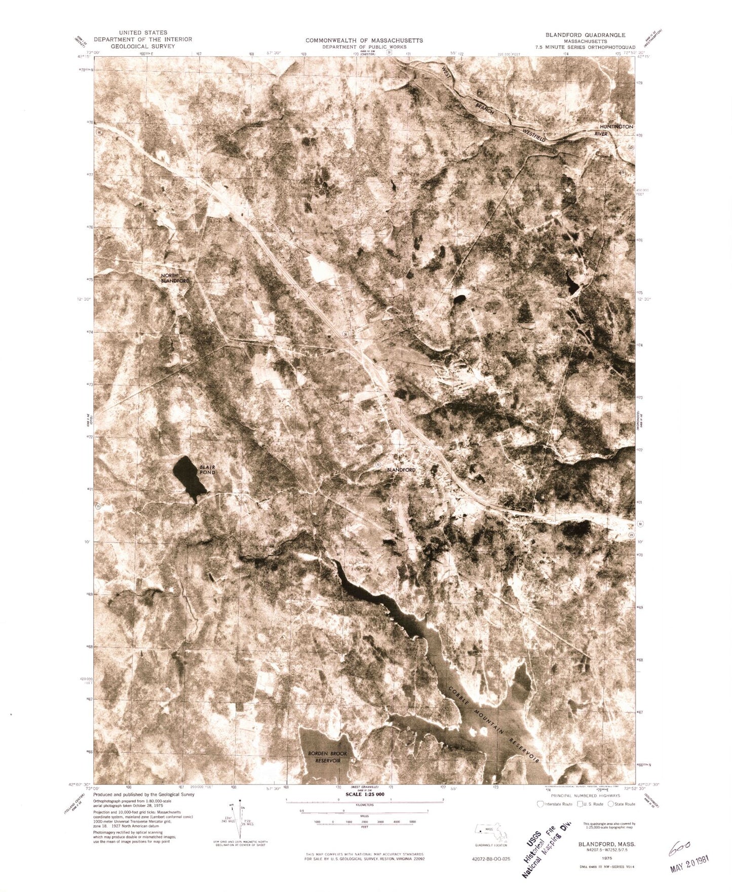 Classic USGS Blandford Massachusetts 7.5'x7.5' Topo Map Image