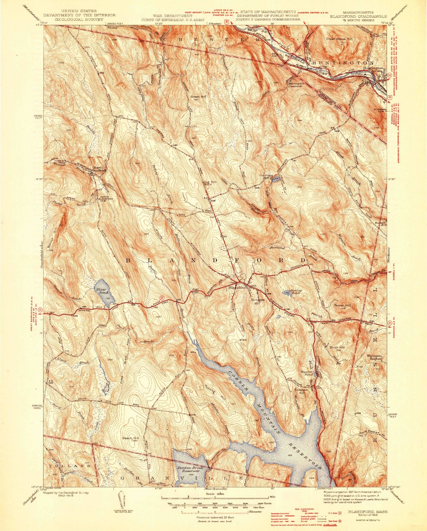 Classic USGS Blandford Massachusetts 7.5'x7.5' Topo Map Image