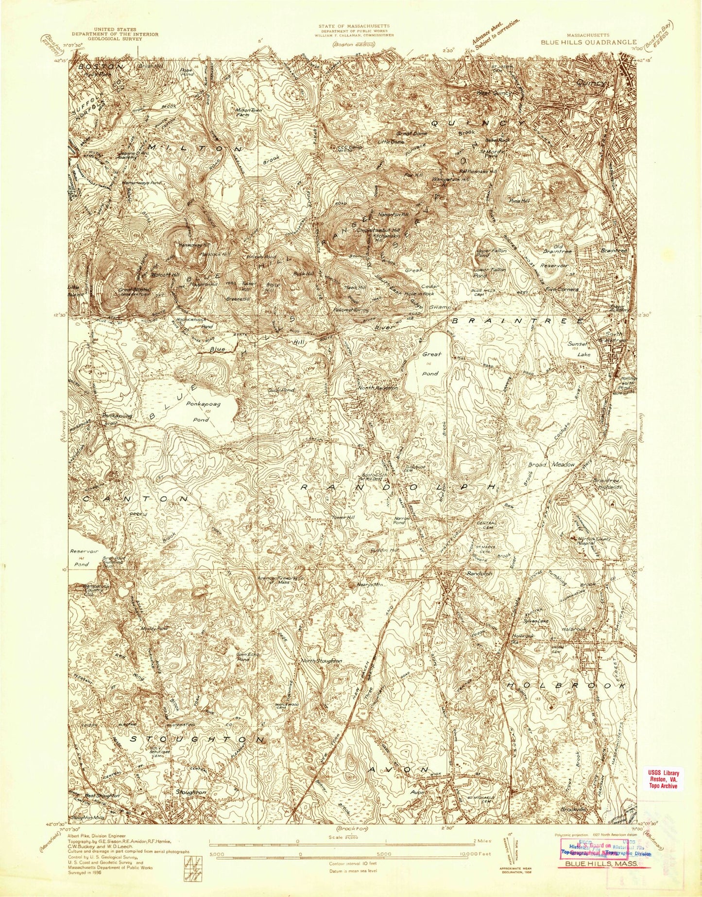 USGS Classic Blue Hills Massachusetts 7.5'x7.5' Topo Map Image