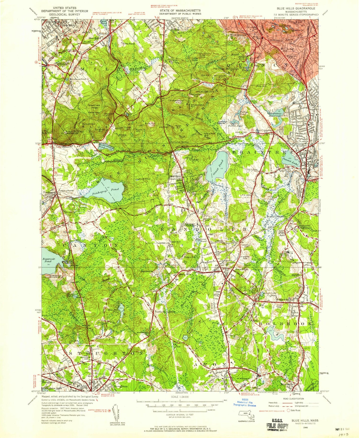 USGS Classic Blue Hills Massachusetts 7.5'x7.5' Topo Map Image