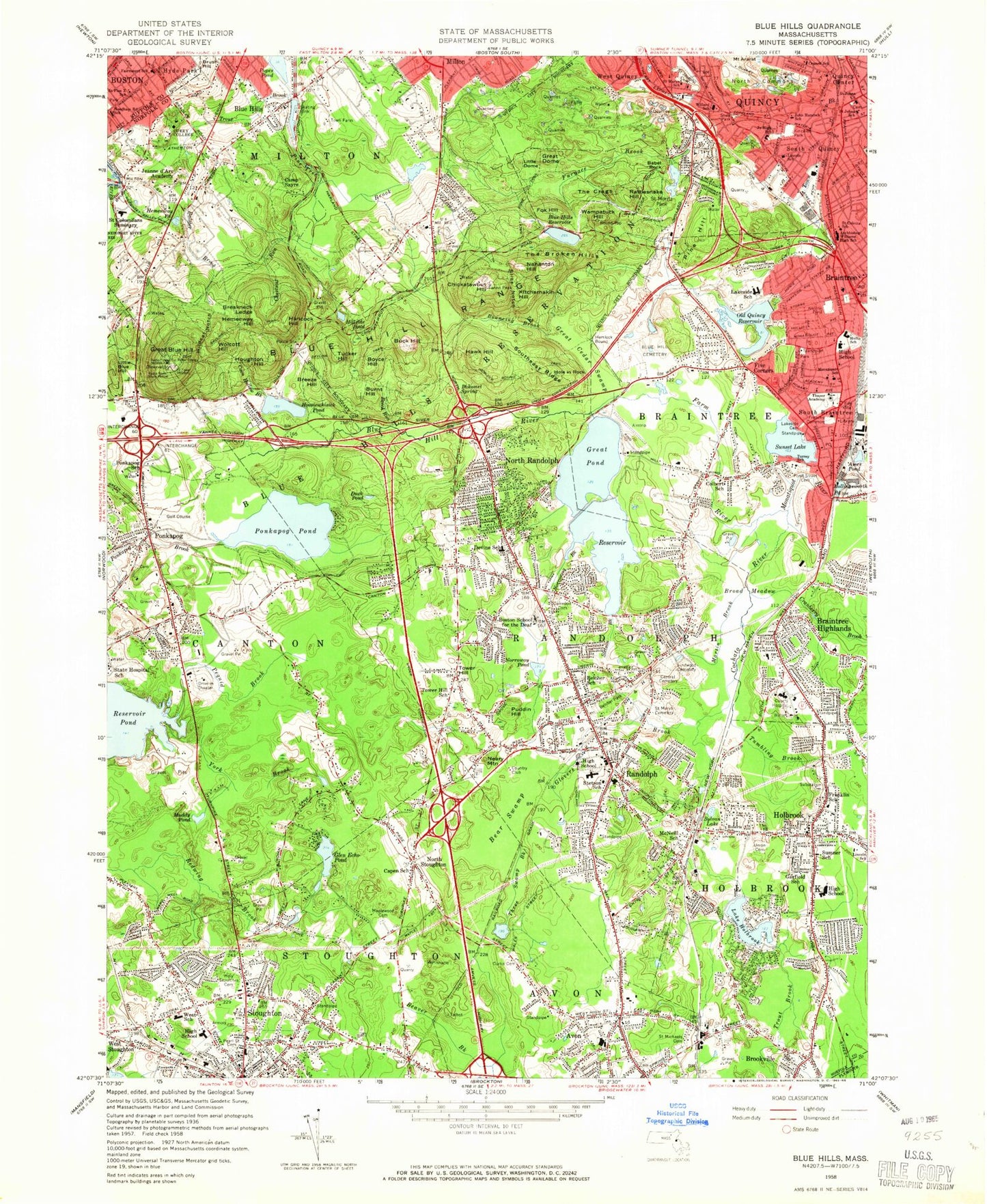 USGS Classic Blue Hills Massachusetts 7.5'x7.5' Topo Map Image