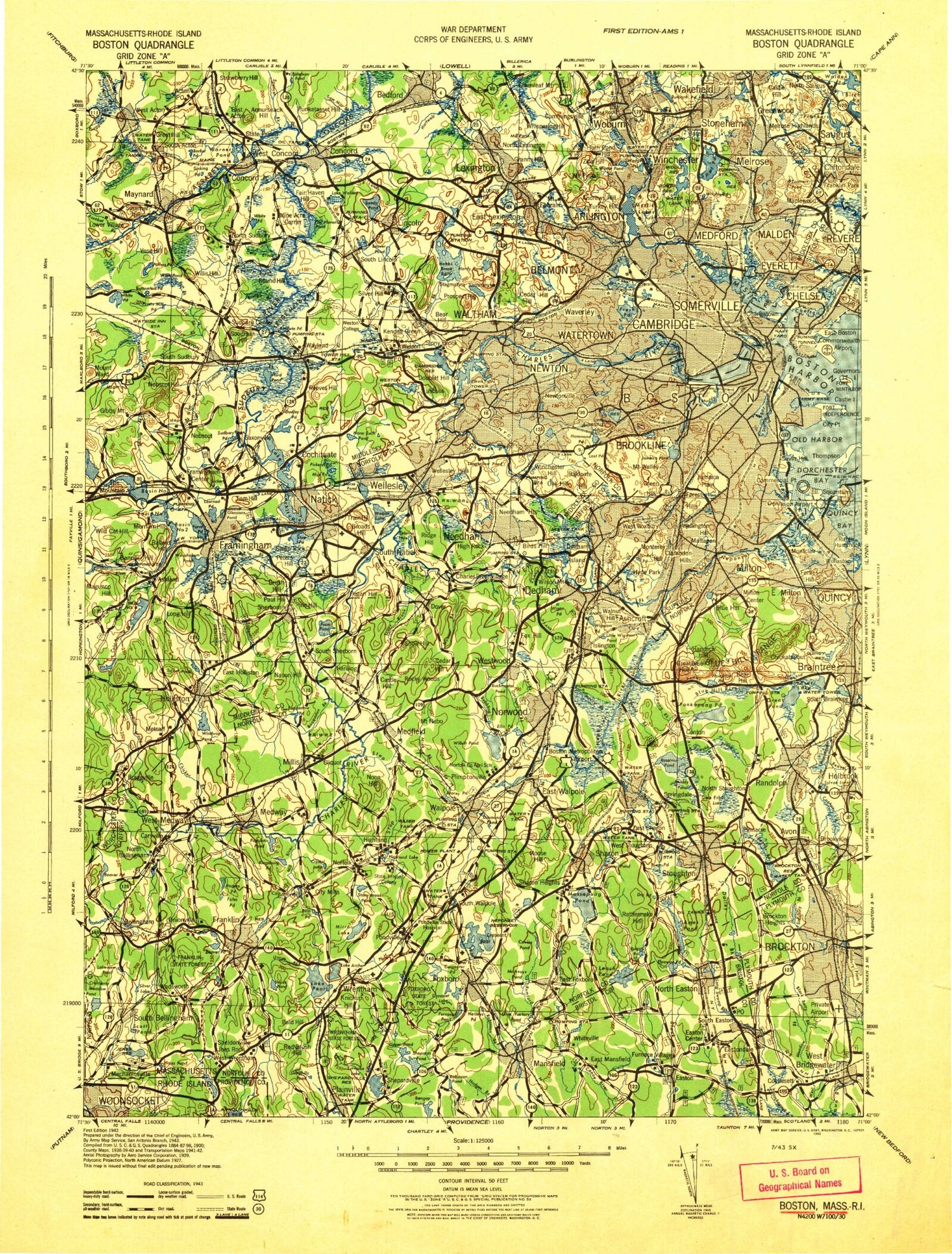 Historic 1943 Boston Massachusetts 30'x30' Topo Map Image